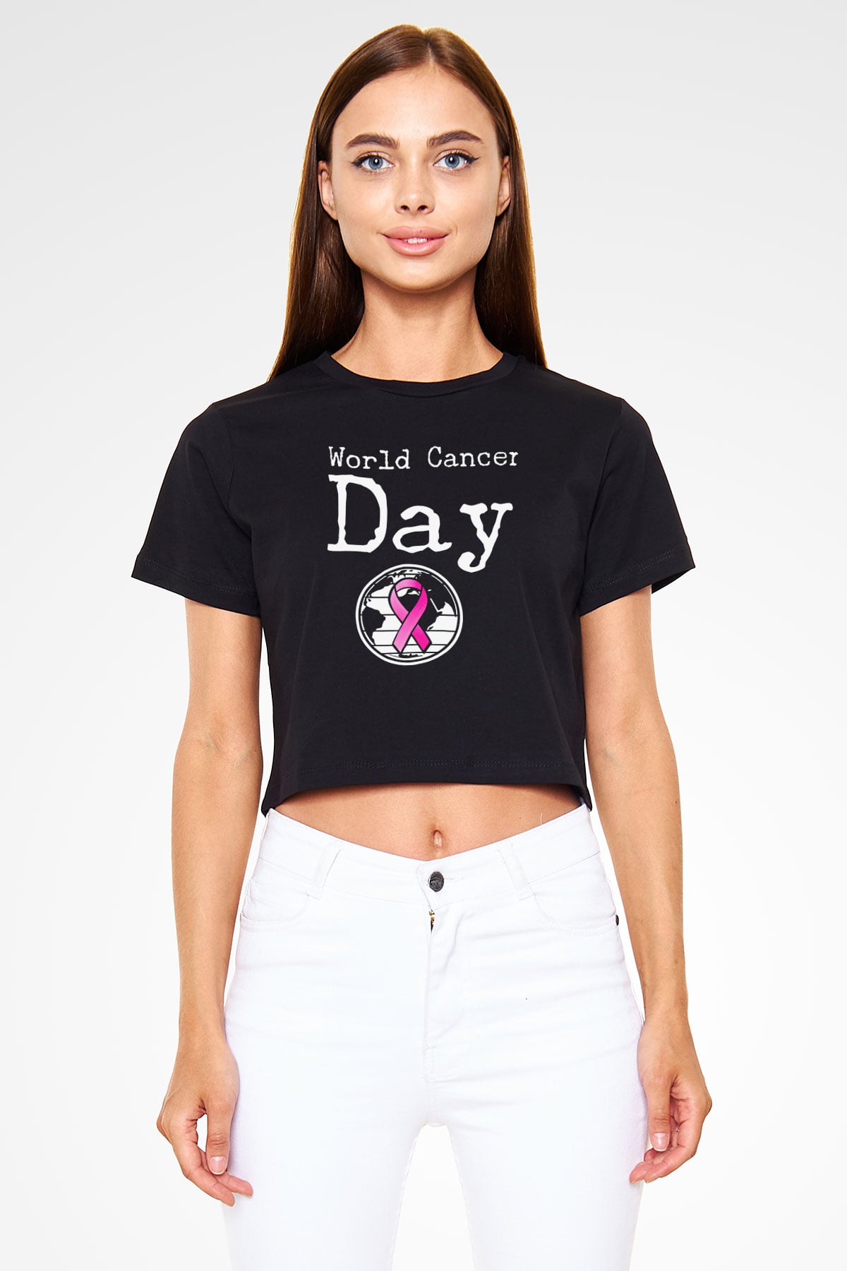 Kanser Günü Baskılı Siyah Crop Top Kadın Tişört - Tshirt