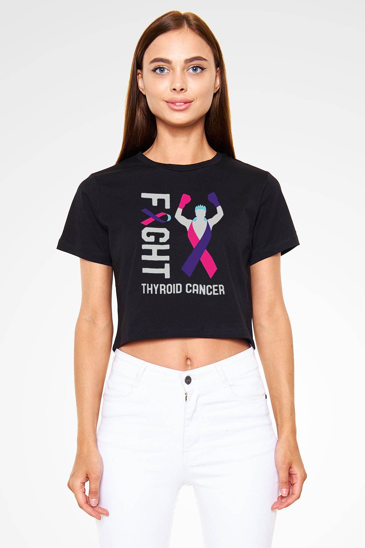 Kanser Günü Baskılı Siyah Crop Top Kadın Tişört - Tshirt