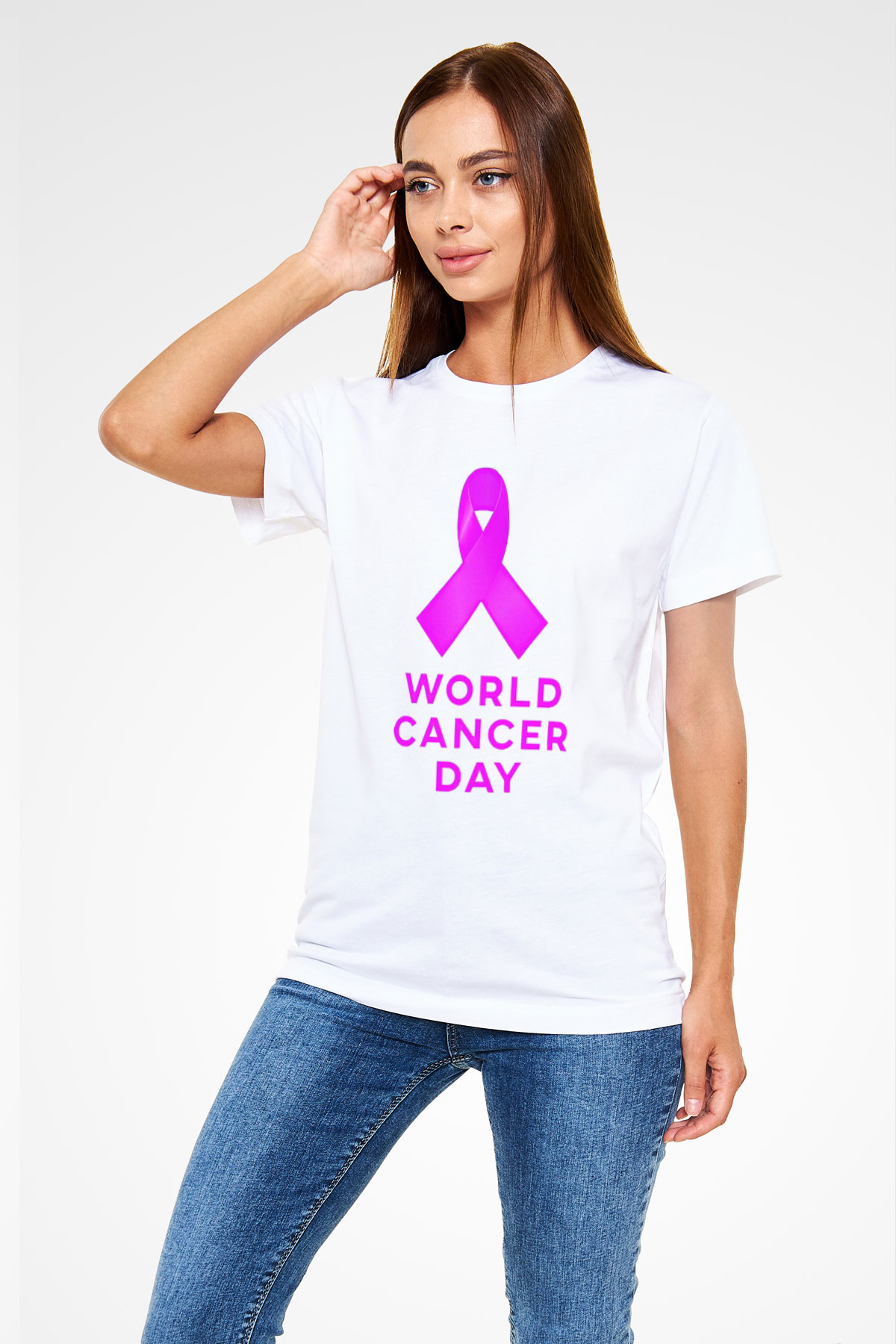 Kanser Günü Baskılı Unisex Beyaz Tişört - Tshirt