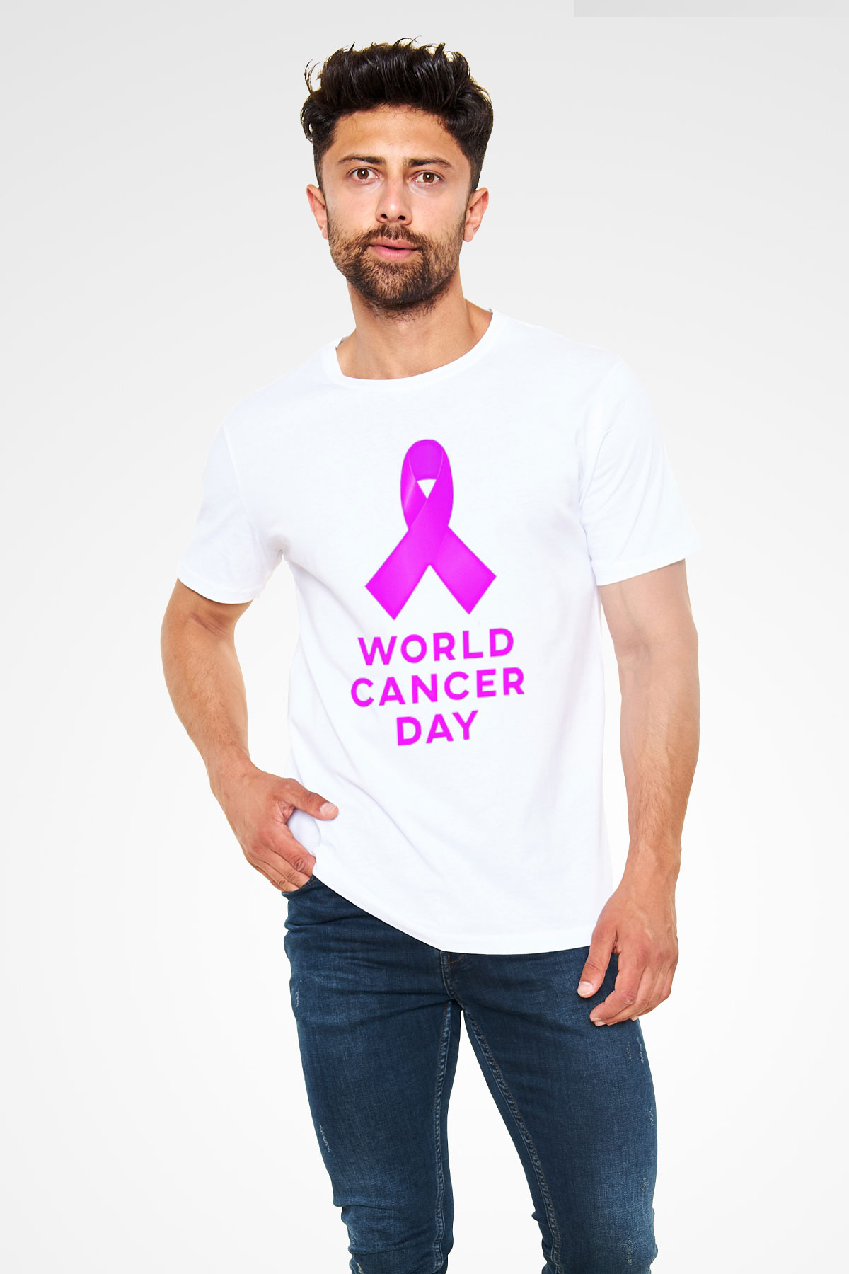 Kanser Günü Baskılı Unisex Beyaz Tişört - Tshirt