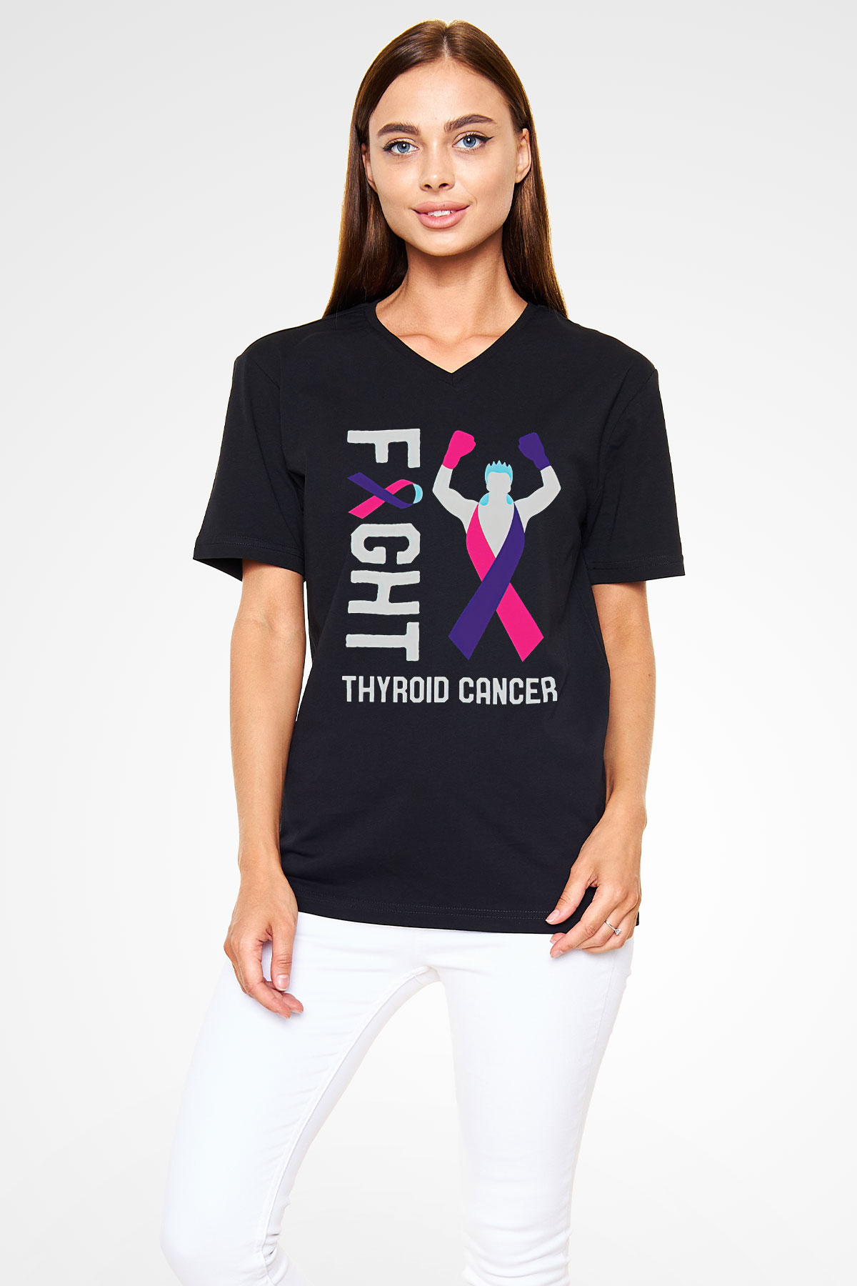 Kanser Günü Baskılı Unisex Siyah V Yaka Tişört - Tshirt