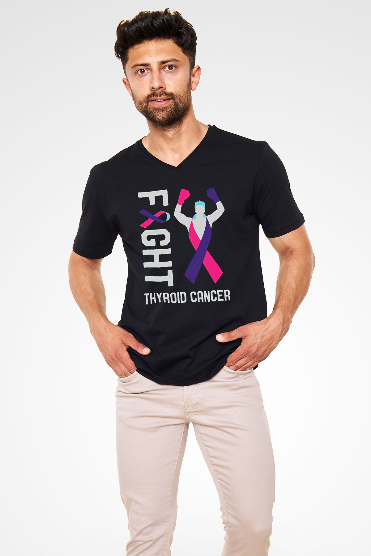 Kanser Günü Baskılı Unisex Siyah V Yaka Tişört - Tshirt