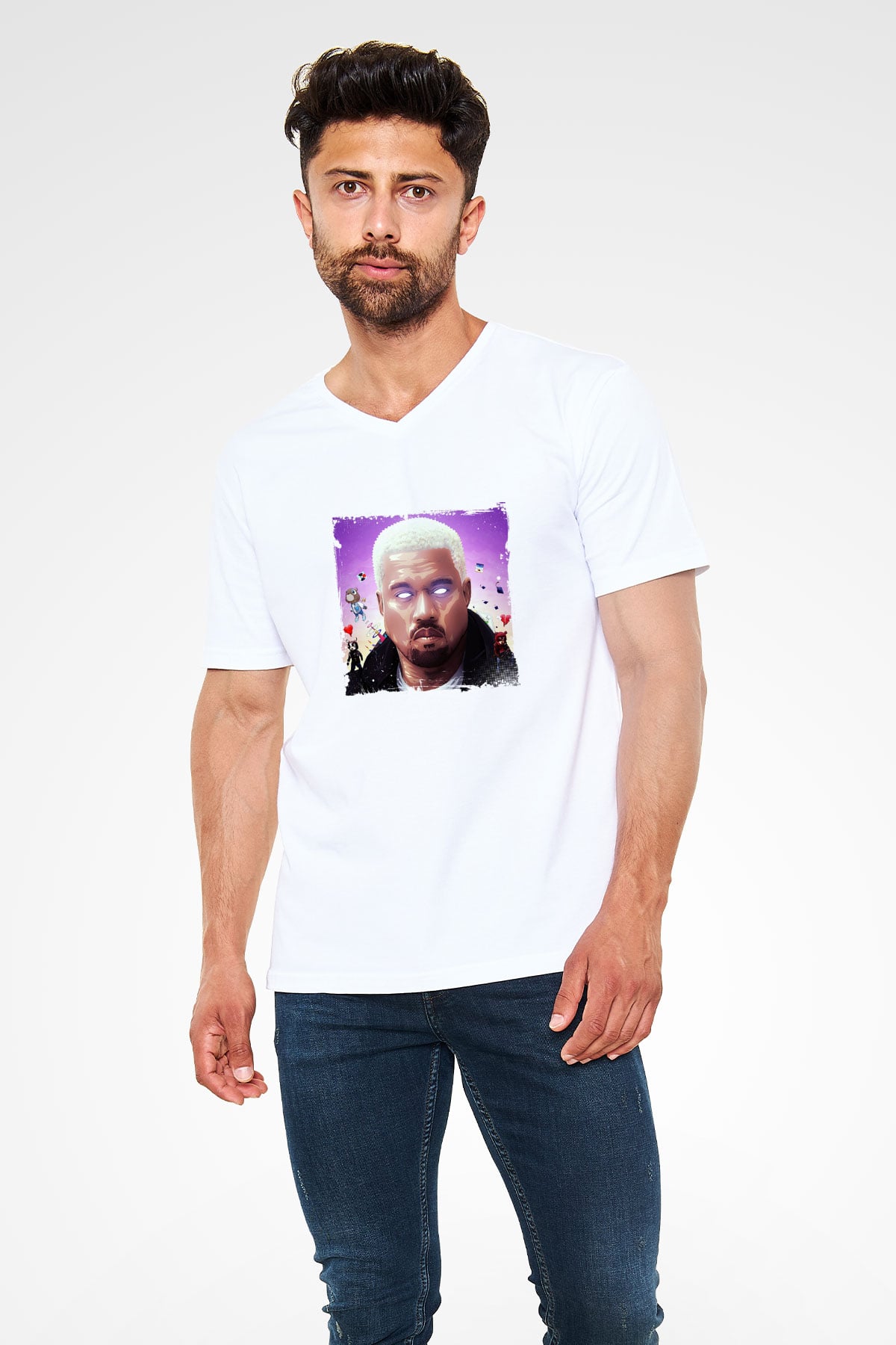 Kanye West Baskılı Beyaz V Yaka Unisex Tişört