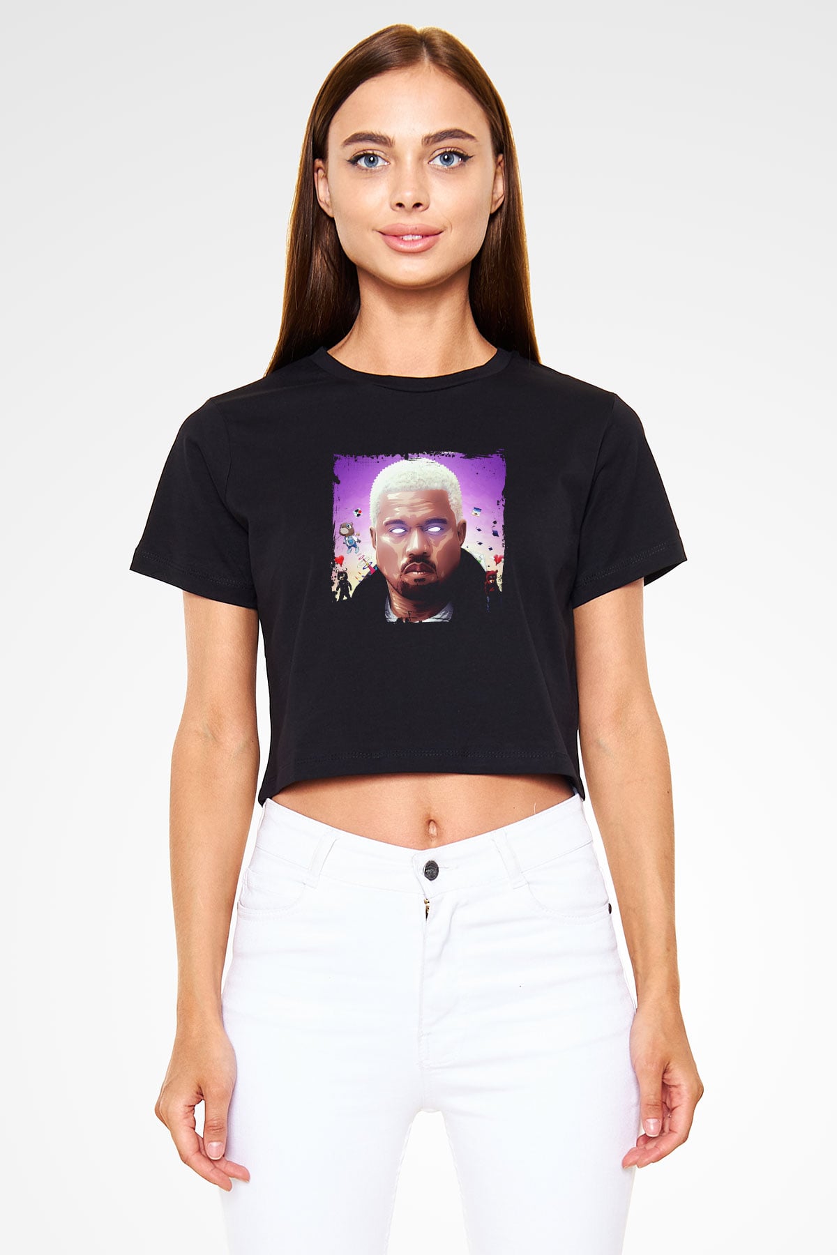 Kanye West Baskılı Crop Top Siyah Kadın Tişört