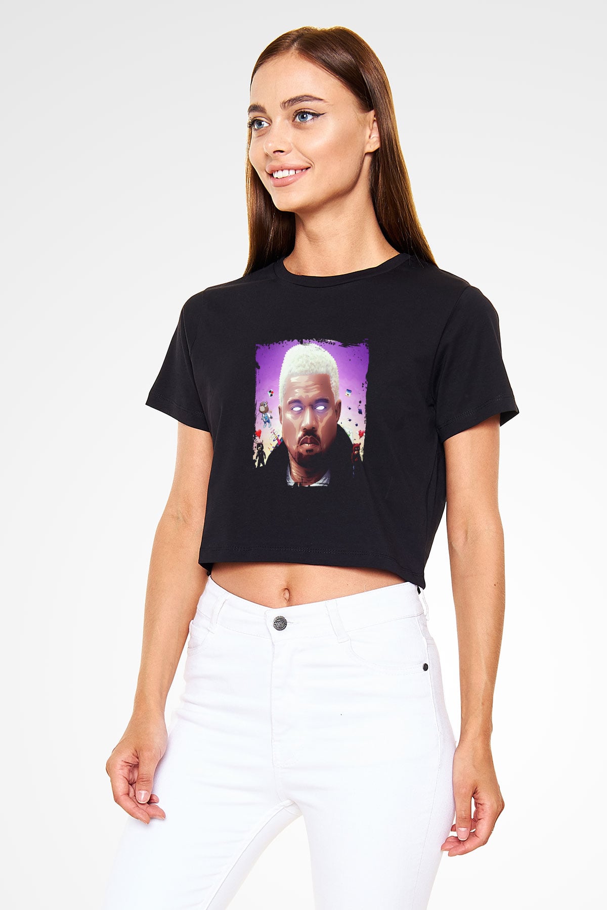 Kanye West Baskılı Crop Top Siyah Kadın Tişört