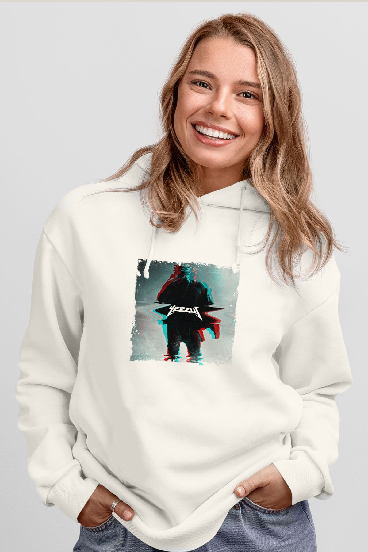 Kanye West Baskılı Unisex Beyaz Kapüşonlu Sweatshirt