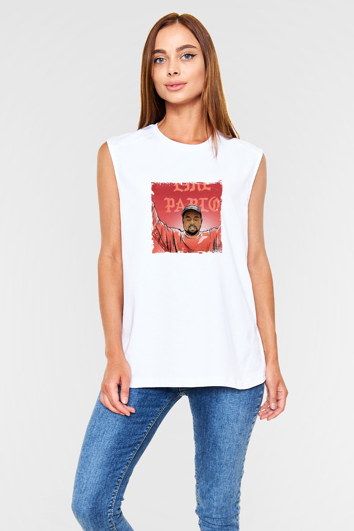 Kanye West Baskılı Unisex Beyaz Kolsuz Tişört