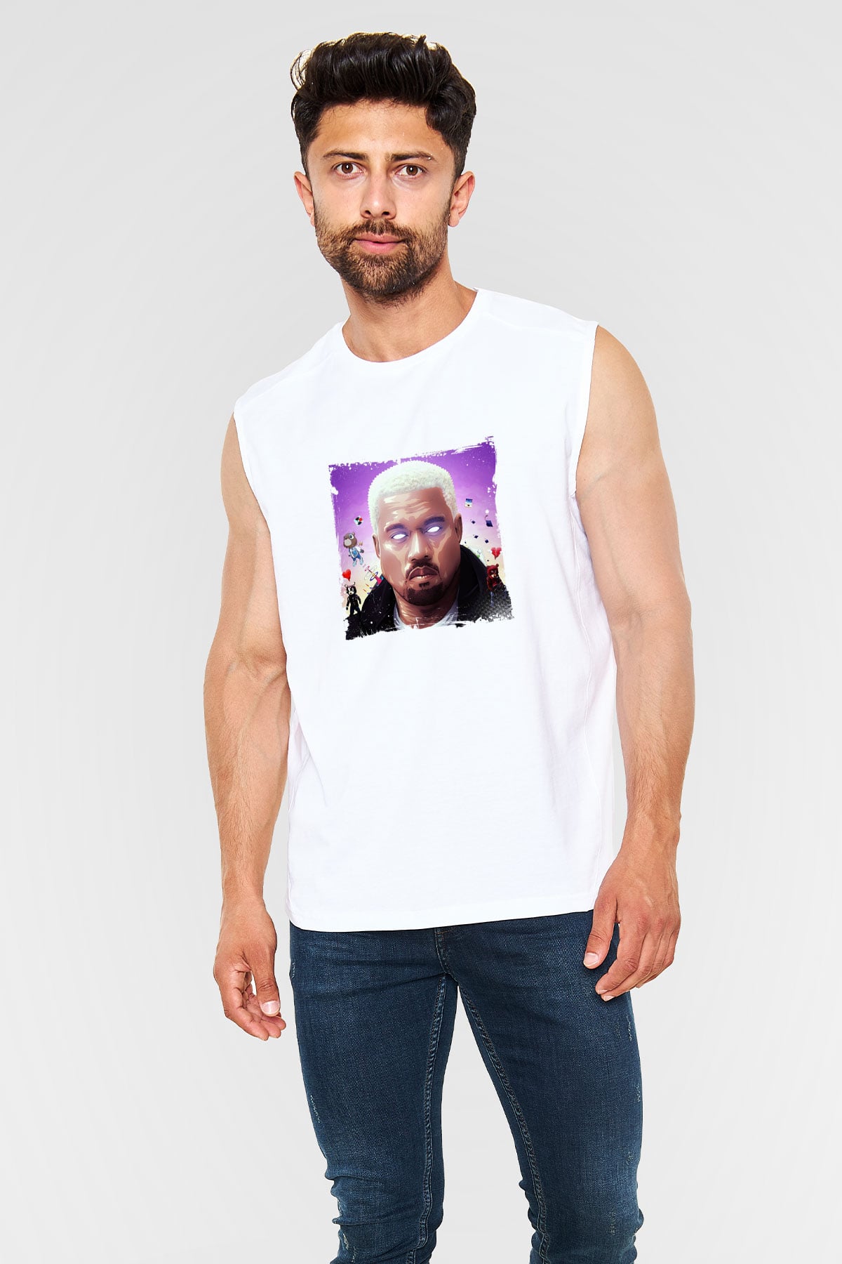 Kanye West Baskılı Unisex Beyaz Kolsuz Tişört