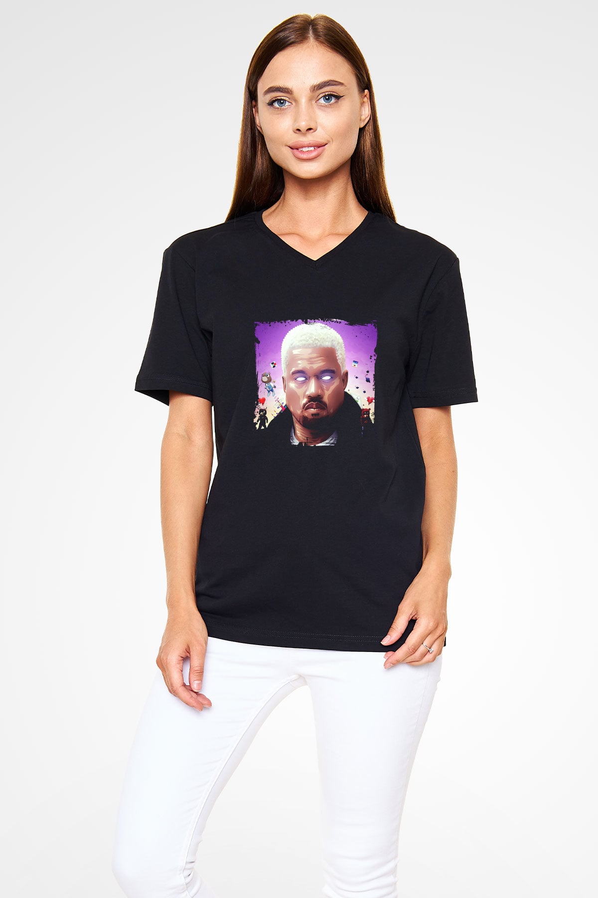 Kanye West Baskılı Unisex Siyah V Yaka Tişört
