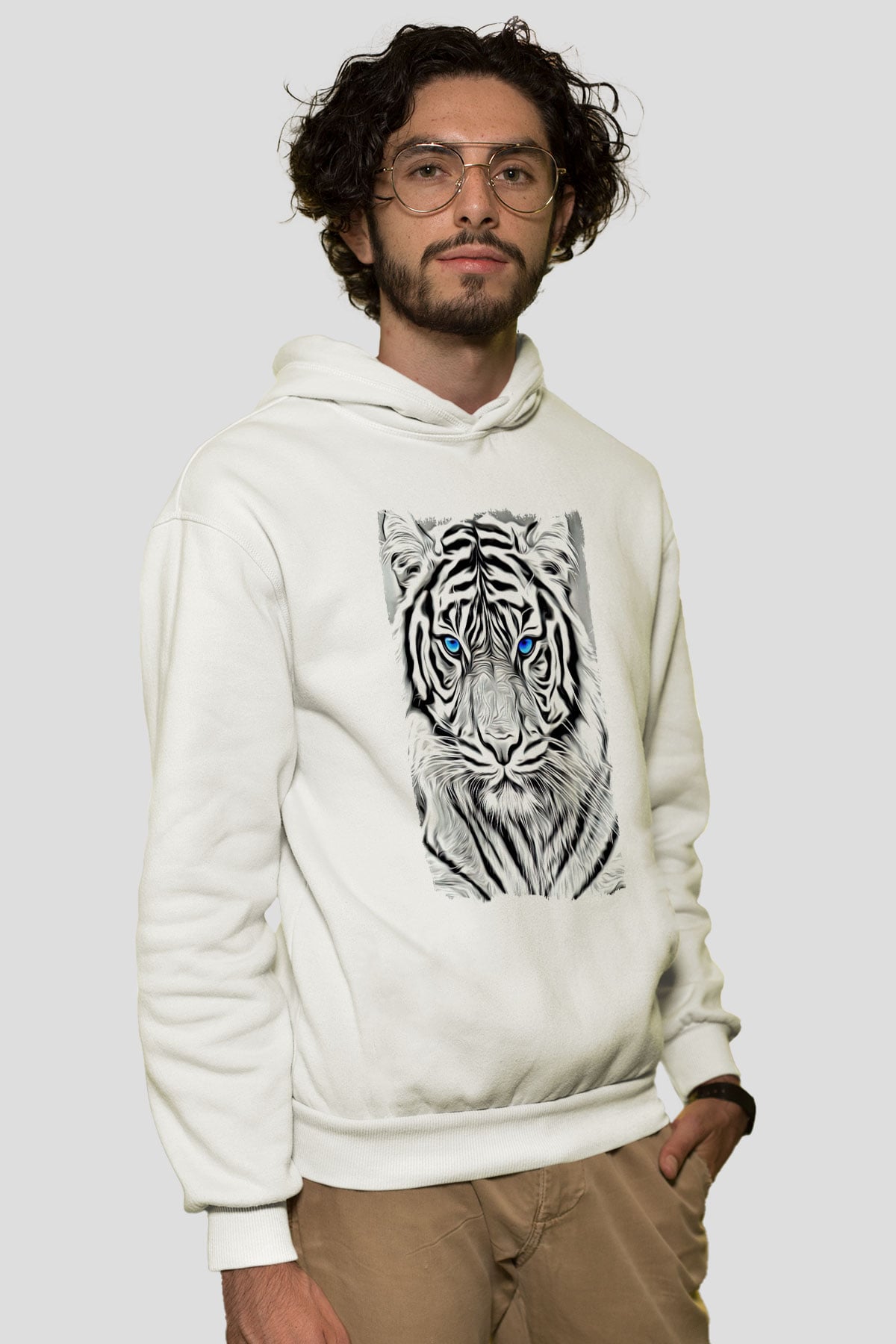 Kaplan Beyaz Unisex Kapüşonlu Sweatshirt