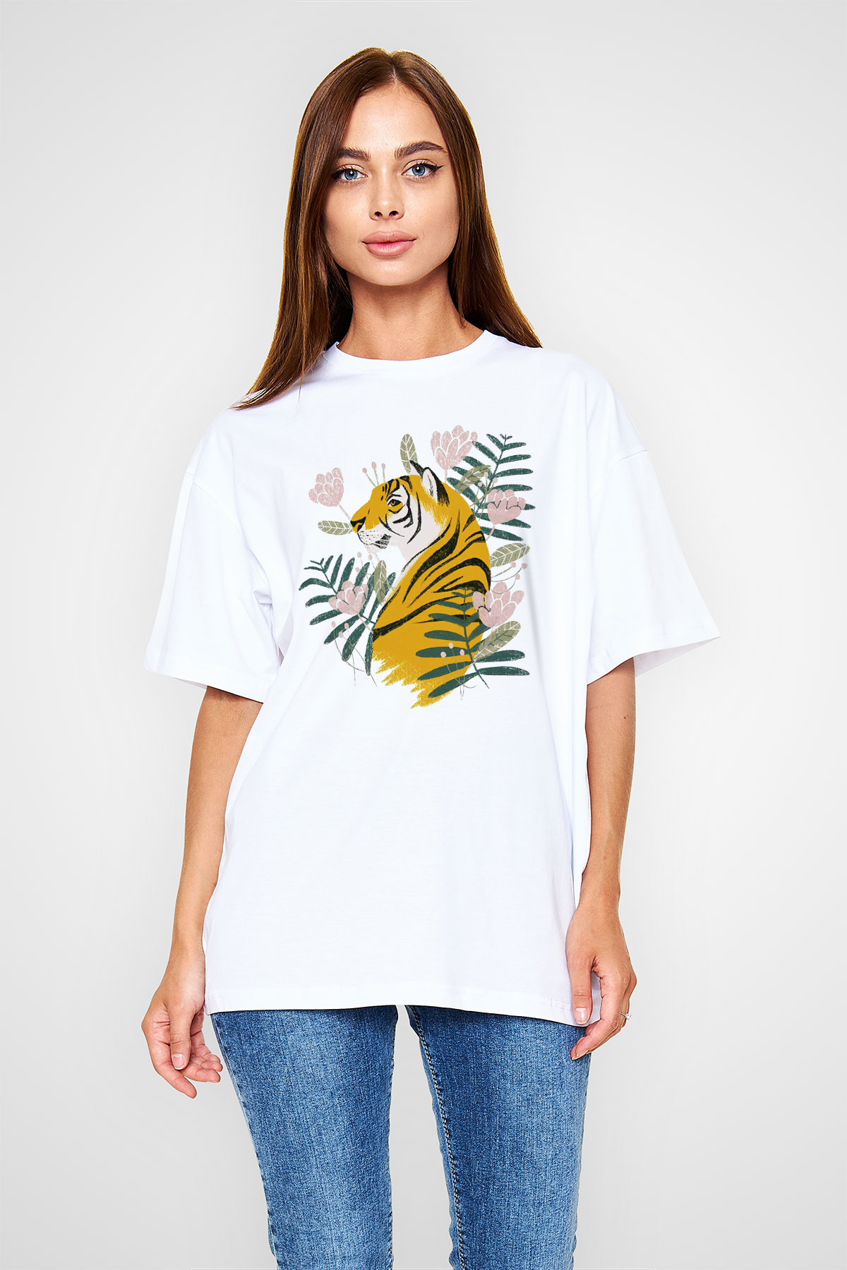 Kaplan Beyaz Unisex Oversize Tişört T-Shirt