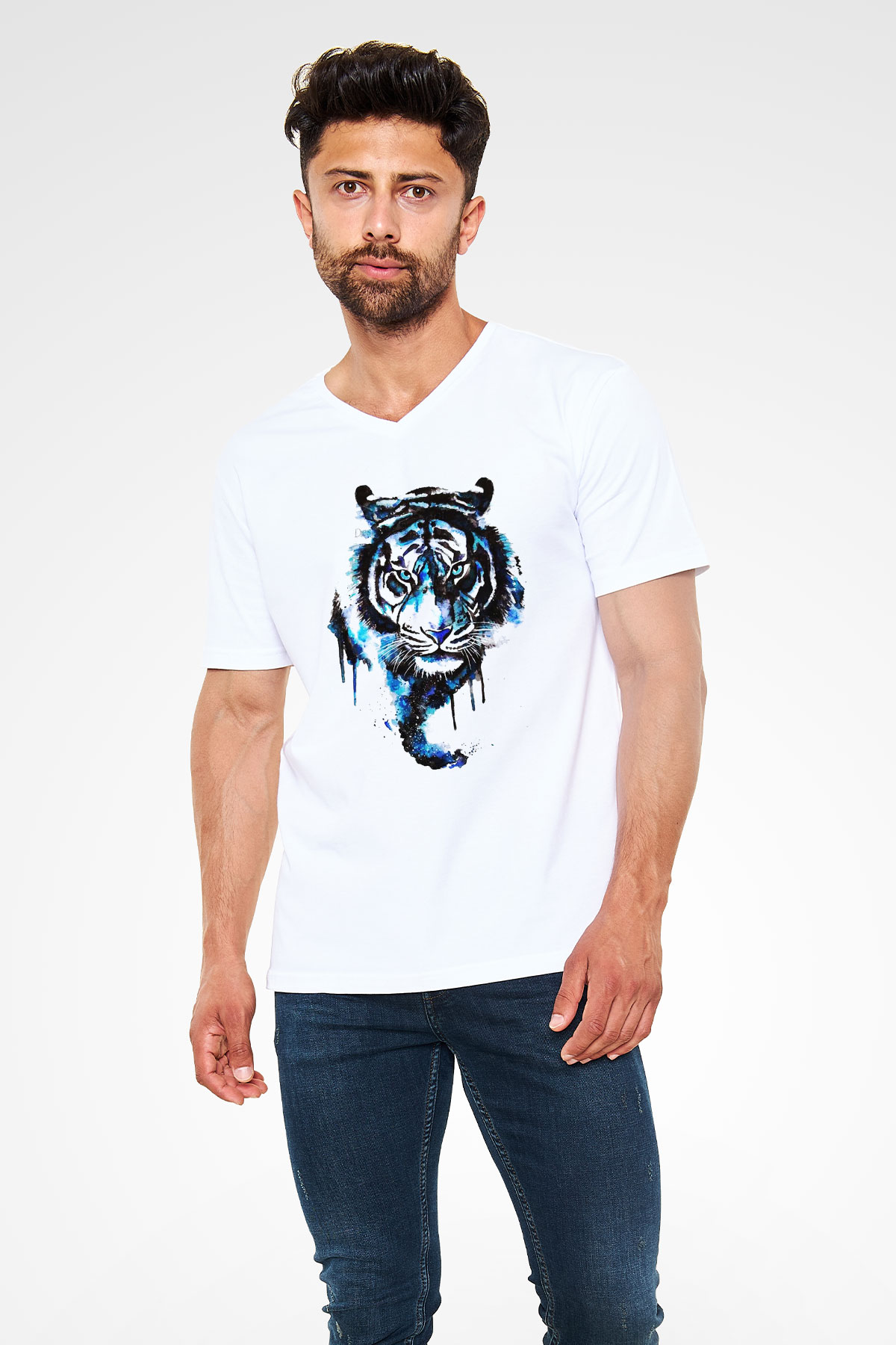Kaplan Beyaz Unisex V Yaka Tişört T-Shirt