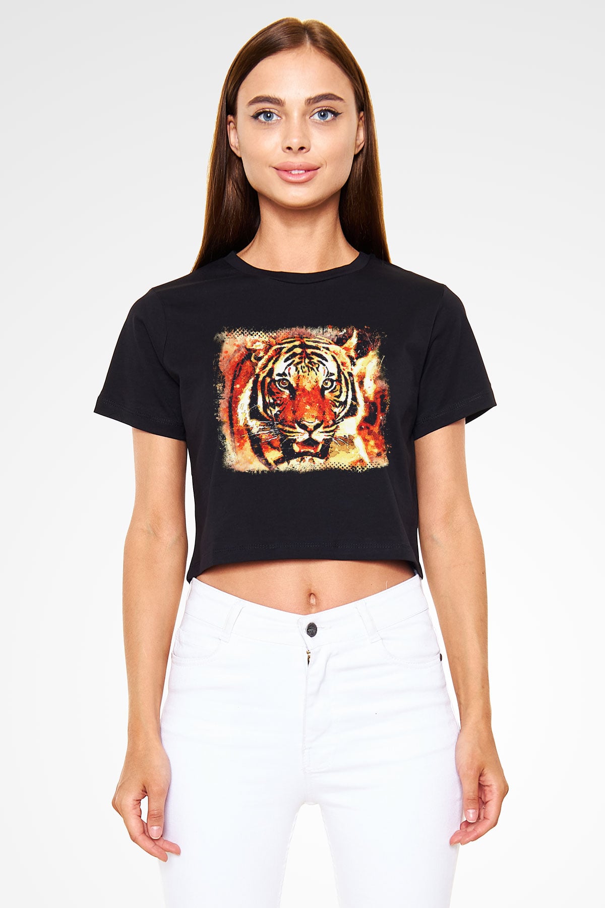 Kaplan Siyah Crop Top Tişört