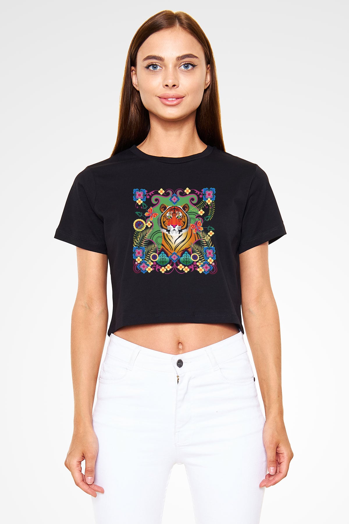 Kaplan Siyah Crop Top Tişört