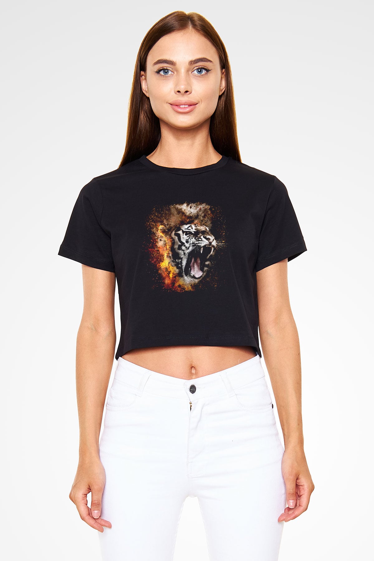 Kaplan Siyah Crop Top Tişört