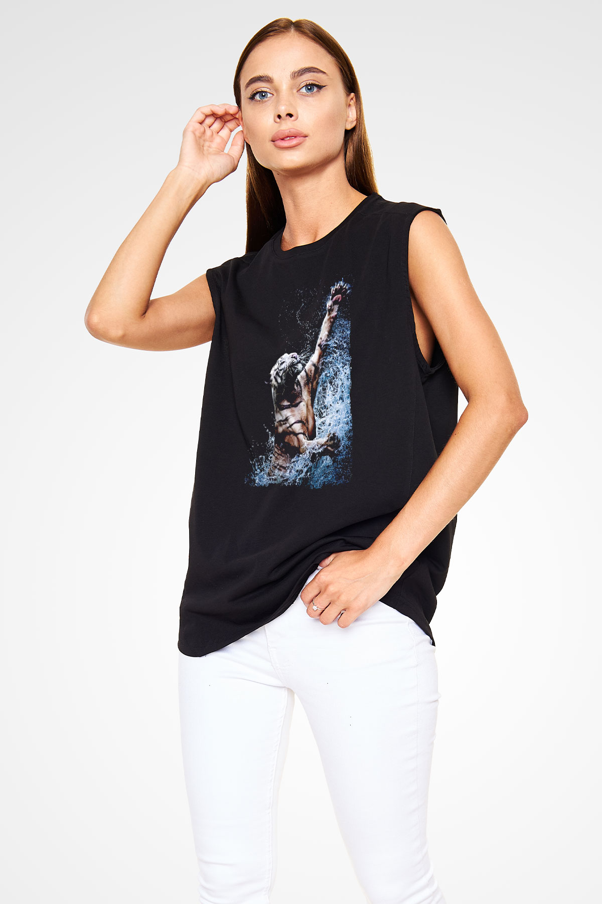 Kaplan Siyah Unisex Kolsuz Tişört