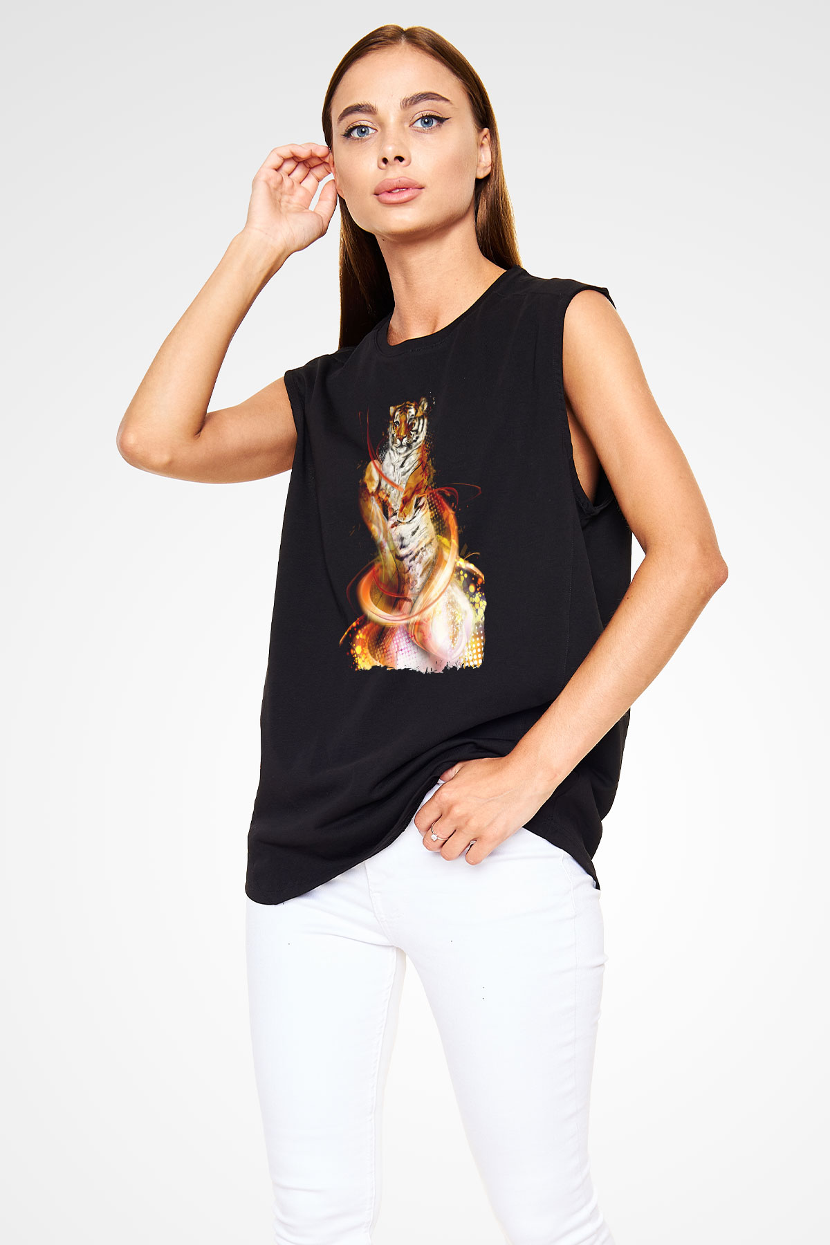 Kaplan Siyah Unisex Kolsuz Tişört