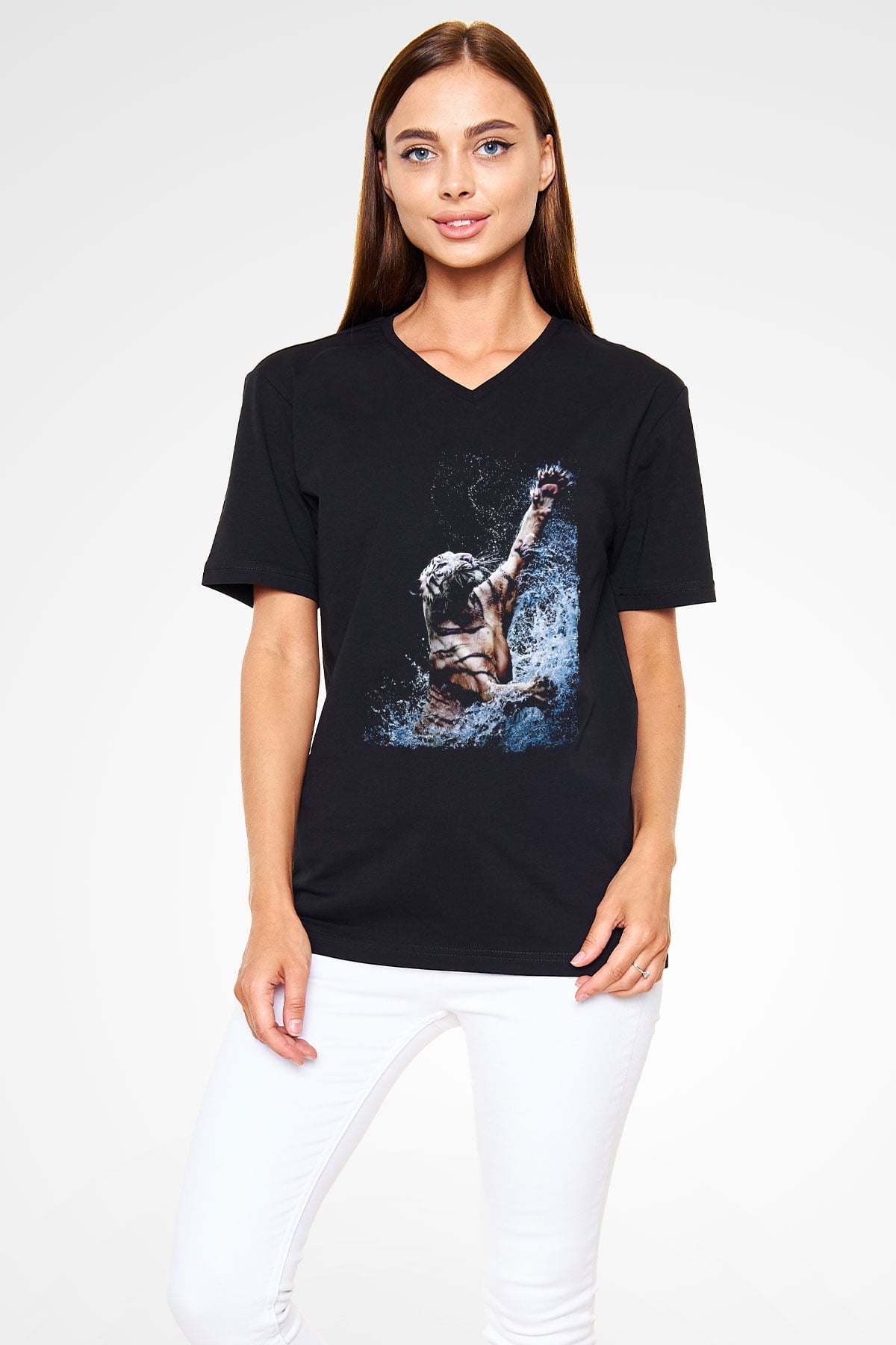 Kaplan Siyah Unisex V Yaka Tişört