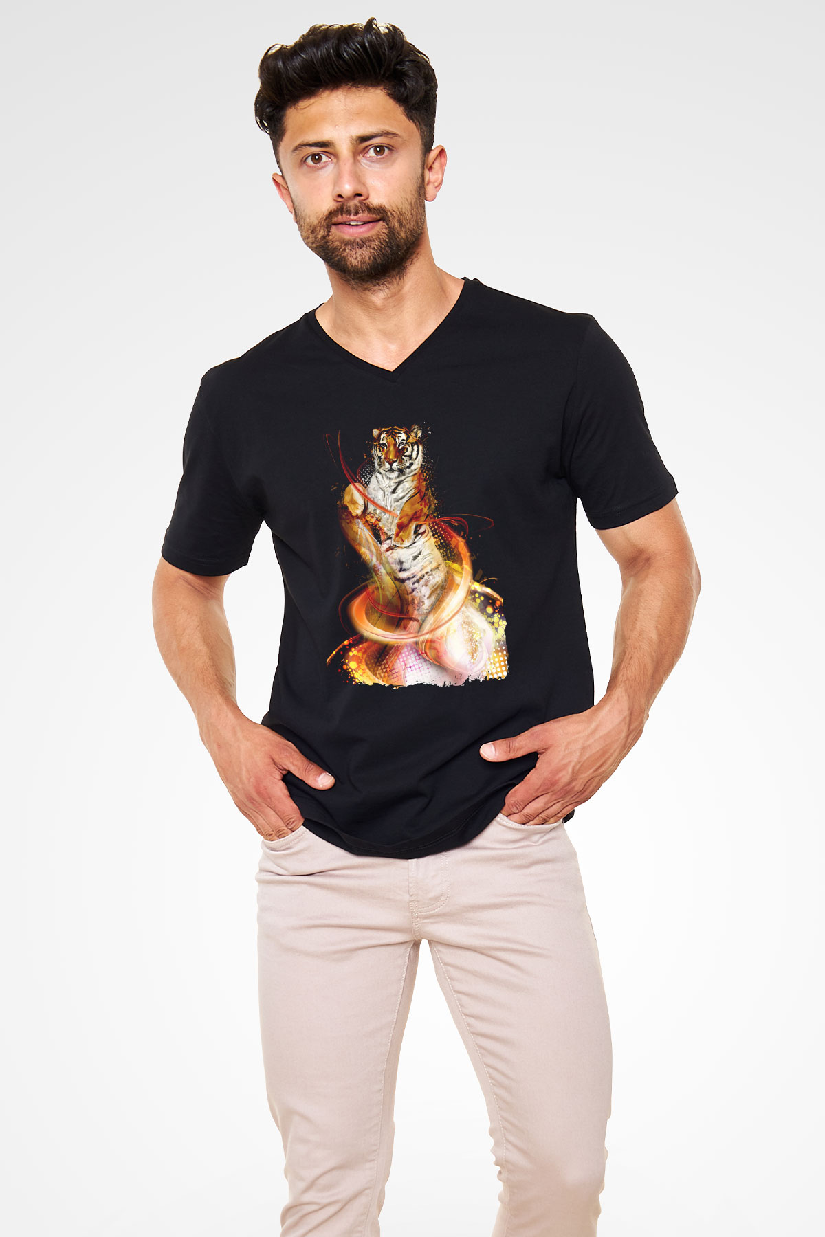 Kaplan Siyah Unisex V Yaka Tişört