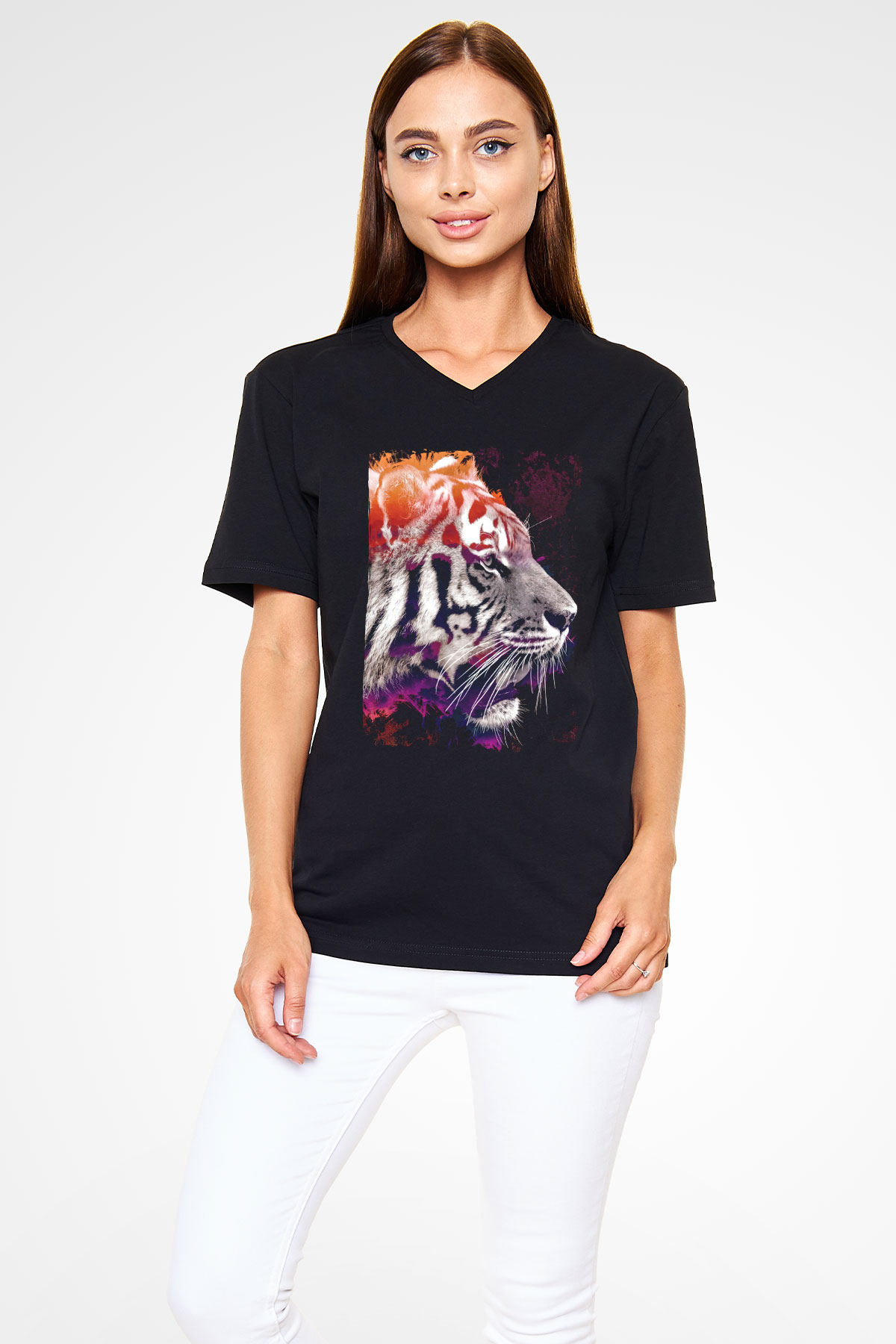 Kaplan Siyah Unisex V Yaka Tişört