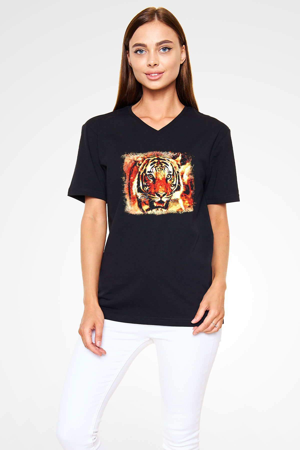 Kaplan Siyah Unisex V Yaka Tişört T-Shirt