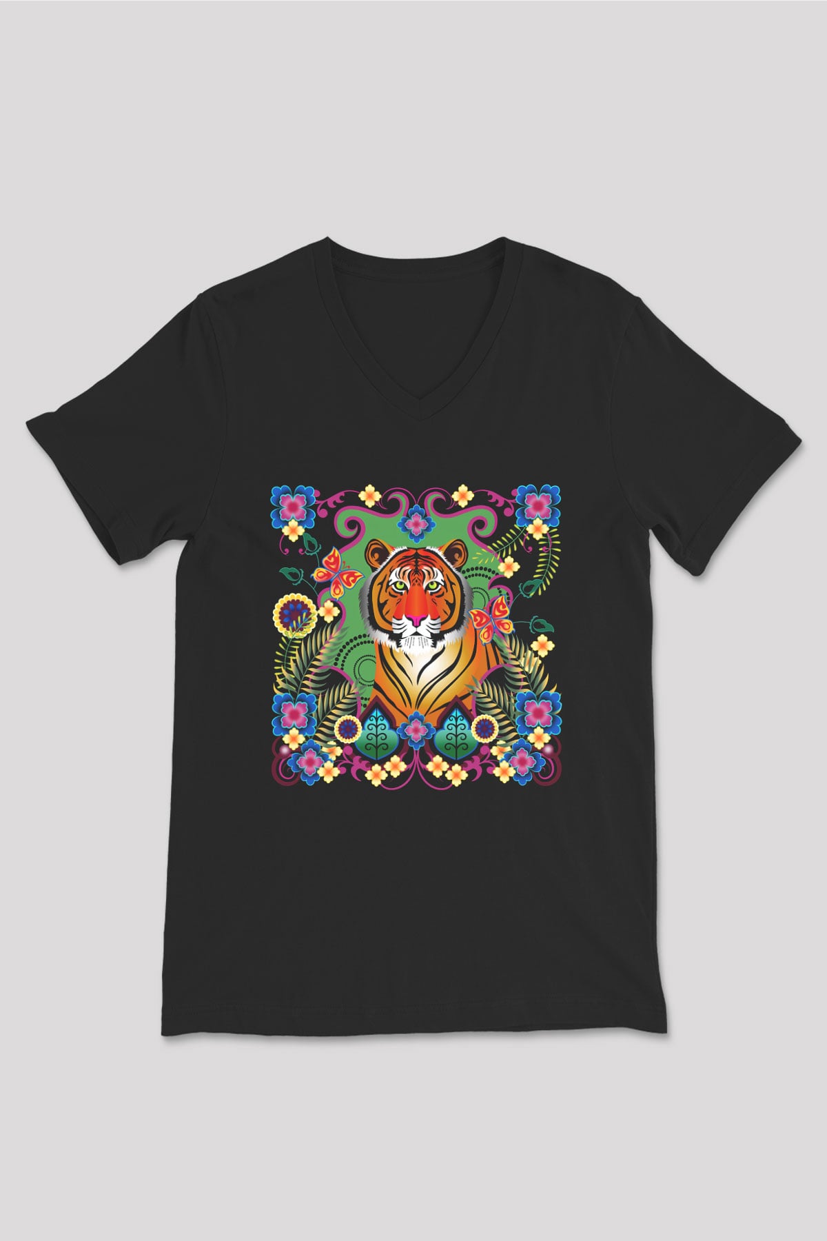 Kaplan Siyah Unisex V Yaka Tişört T-Shirt