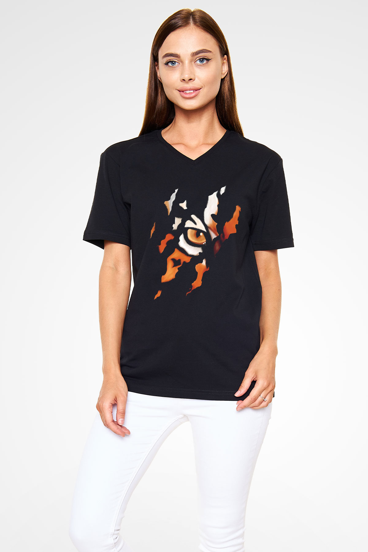 Kaplan Siyah Unisex V Yaka Tişört T-Shirt