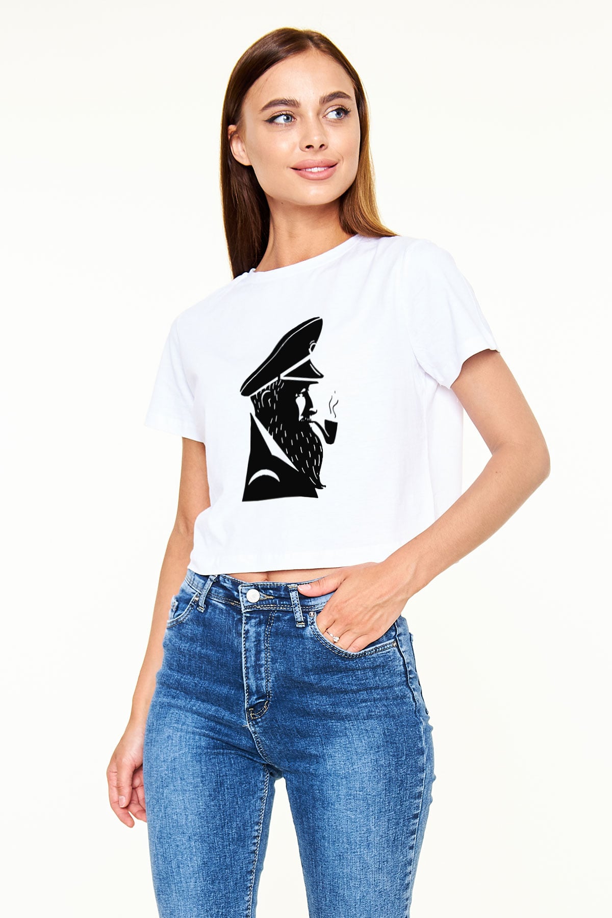 Kaptan Beyaz Croptop Tişört