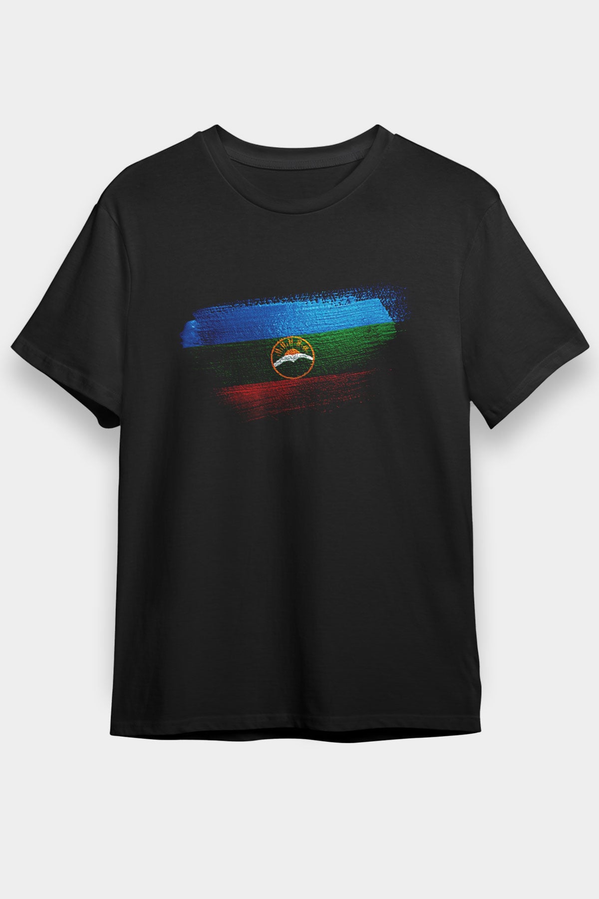 Karaçay Çerkesya - Karachay Cherkessia Bayrağı Baskılı Unisex Siyah Tişört