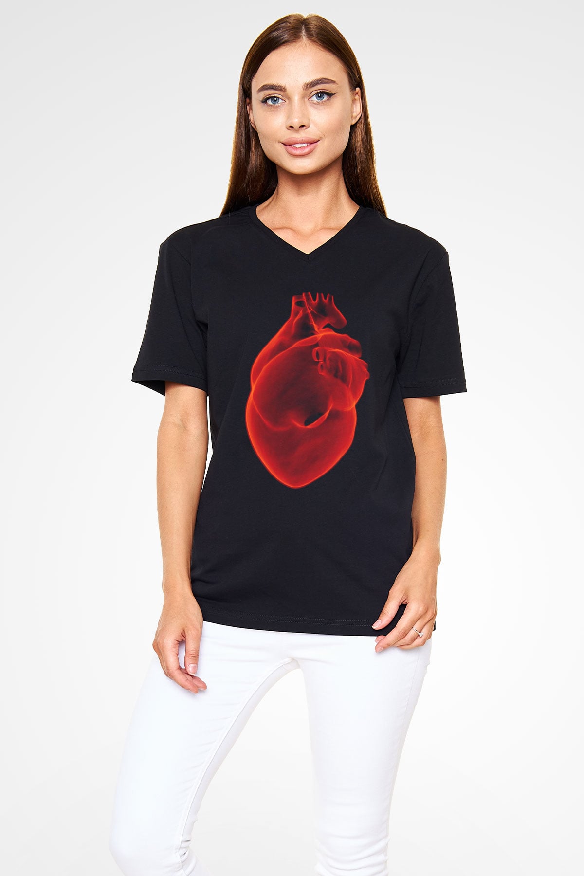Kardiyolog Siyah Unisex V Yaka Tişört T-Shirt