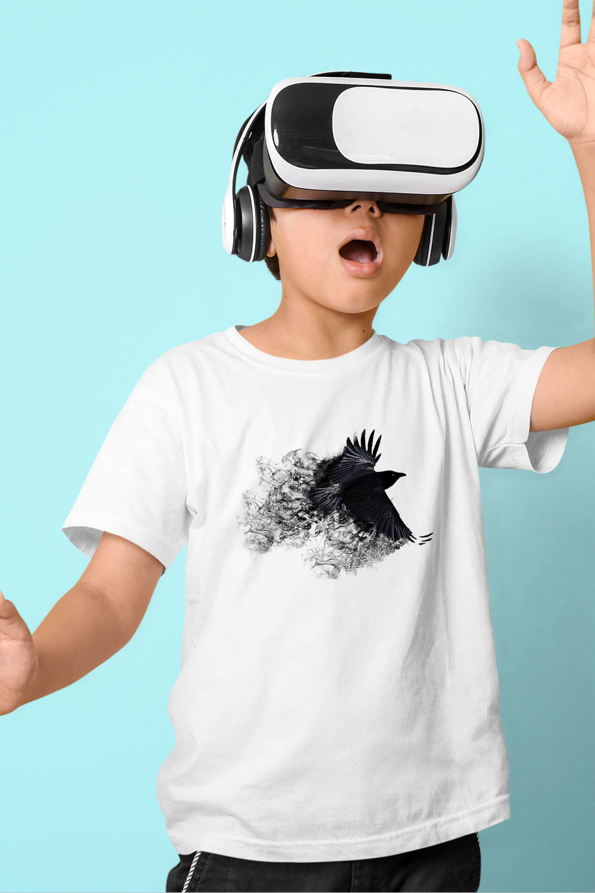 Karga Baskılı Beyaz Unisex Beyaz Çocuk Tişört - Tshirt