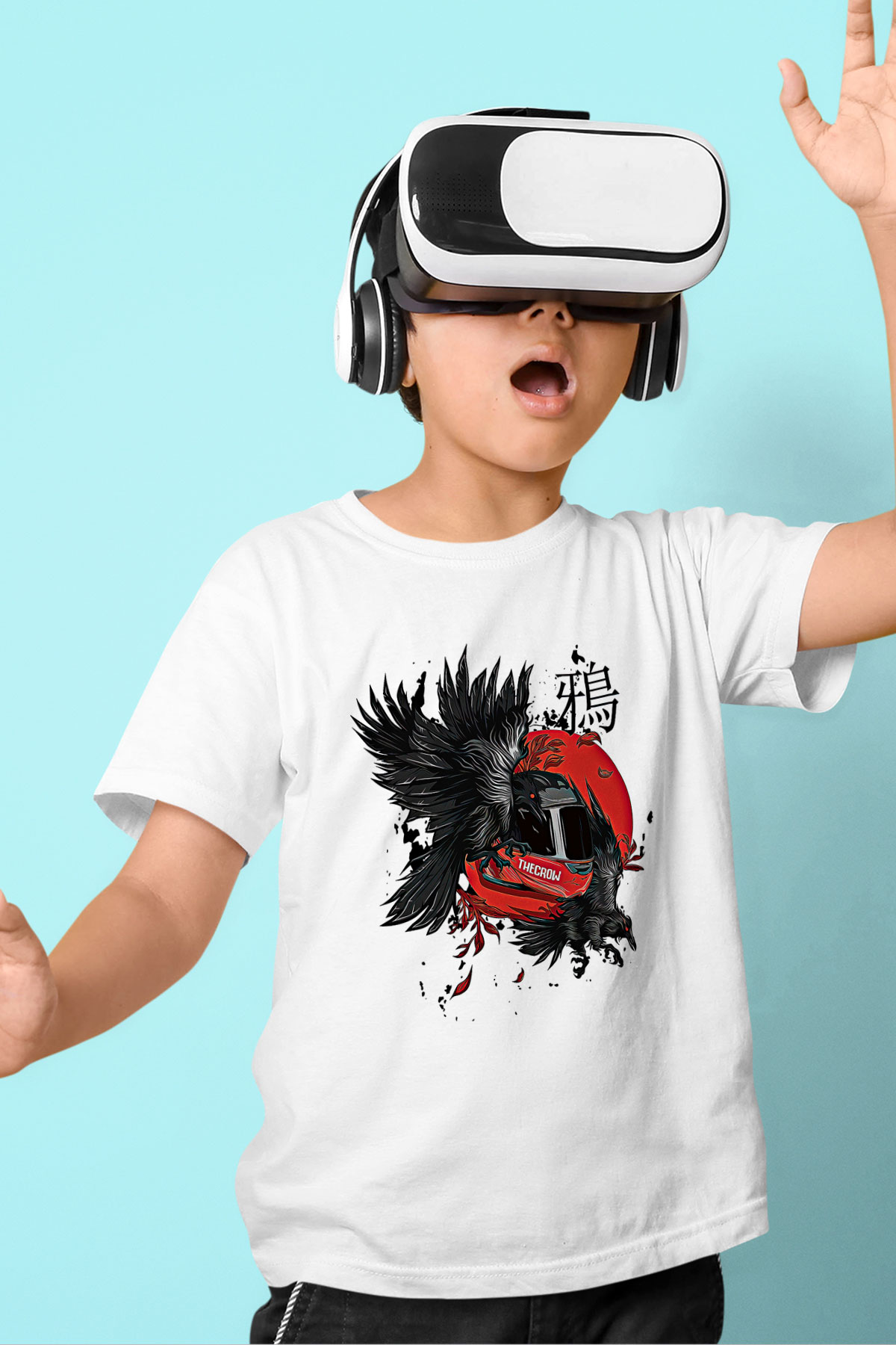 Karga Baskılı Beyaz Unisex Beyaz Çocuk Tişört - Tshirt
