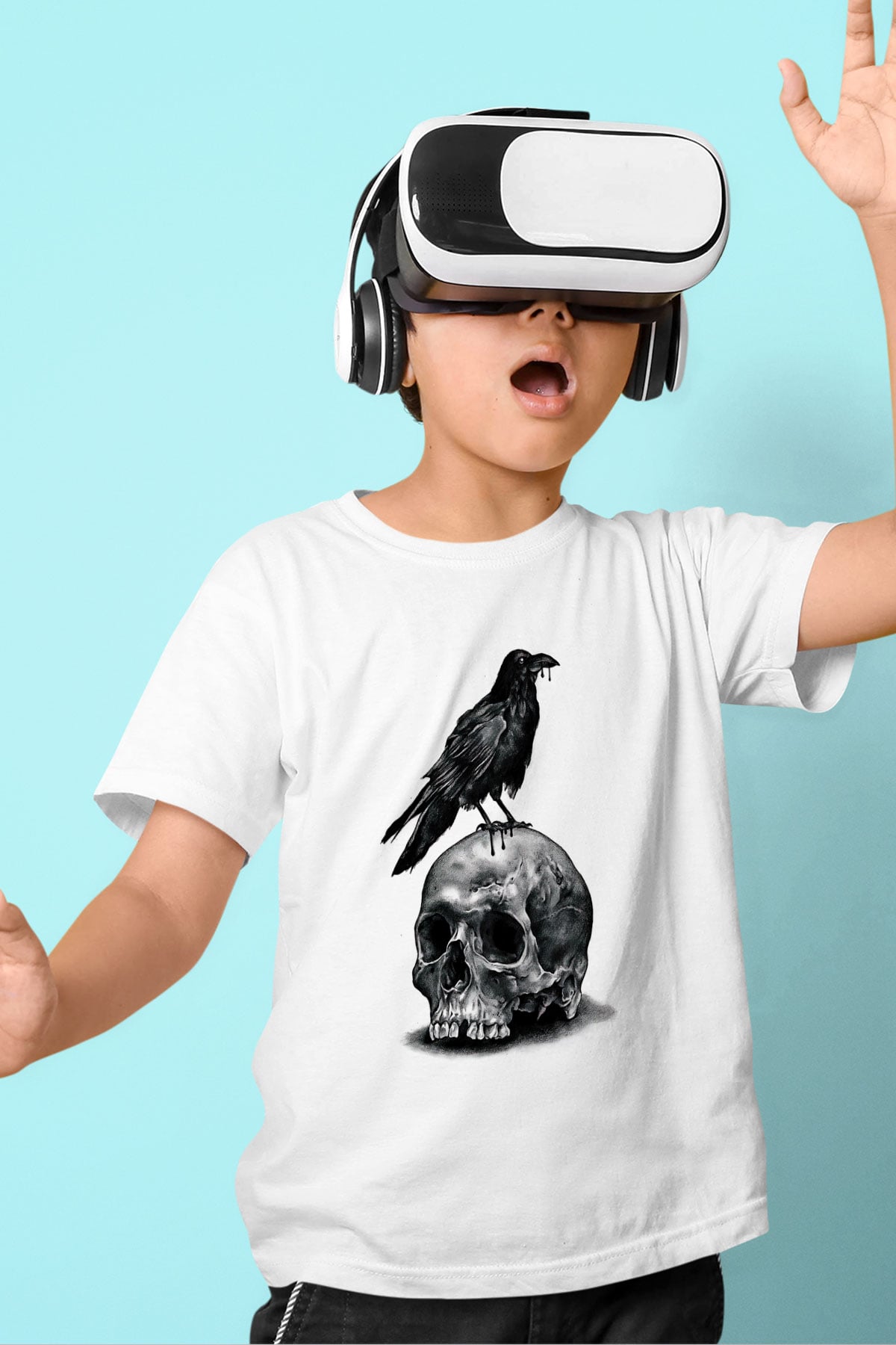 Karga Baskılı Beyaz Unisex Beyaz Çocuk Tişört - Tshirt