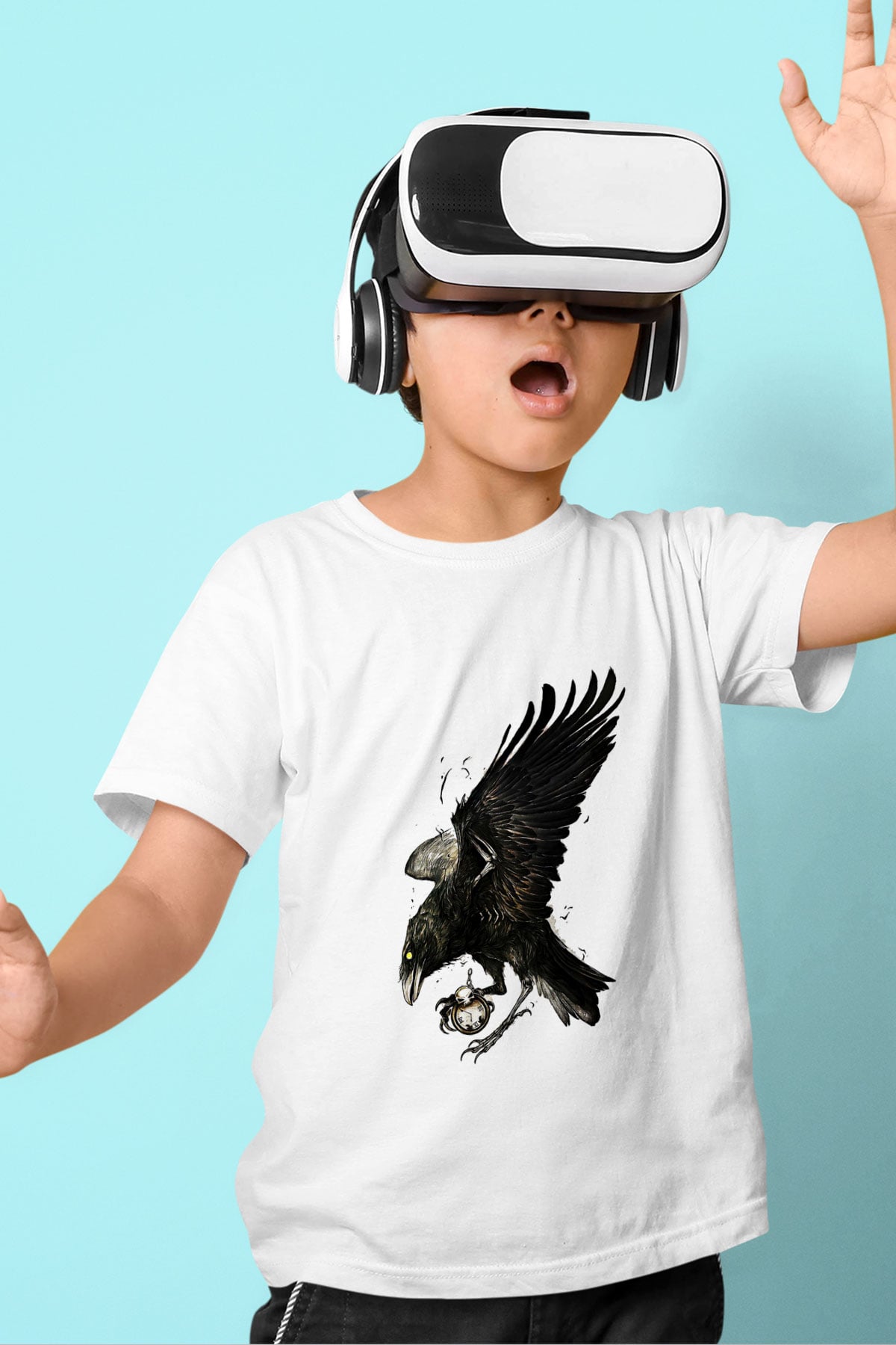 Karga Baskılı Beyaz Unisex Beyaz Çocuk Tişört - Tshirt