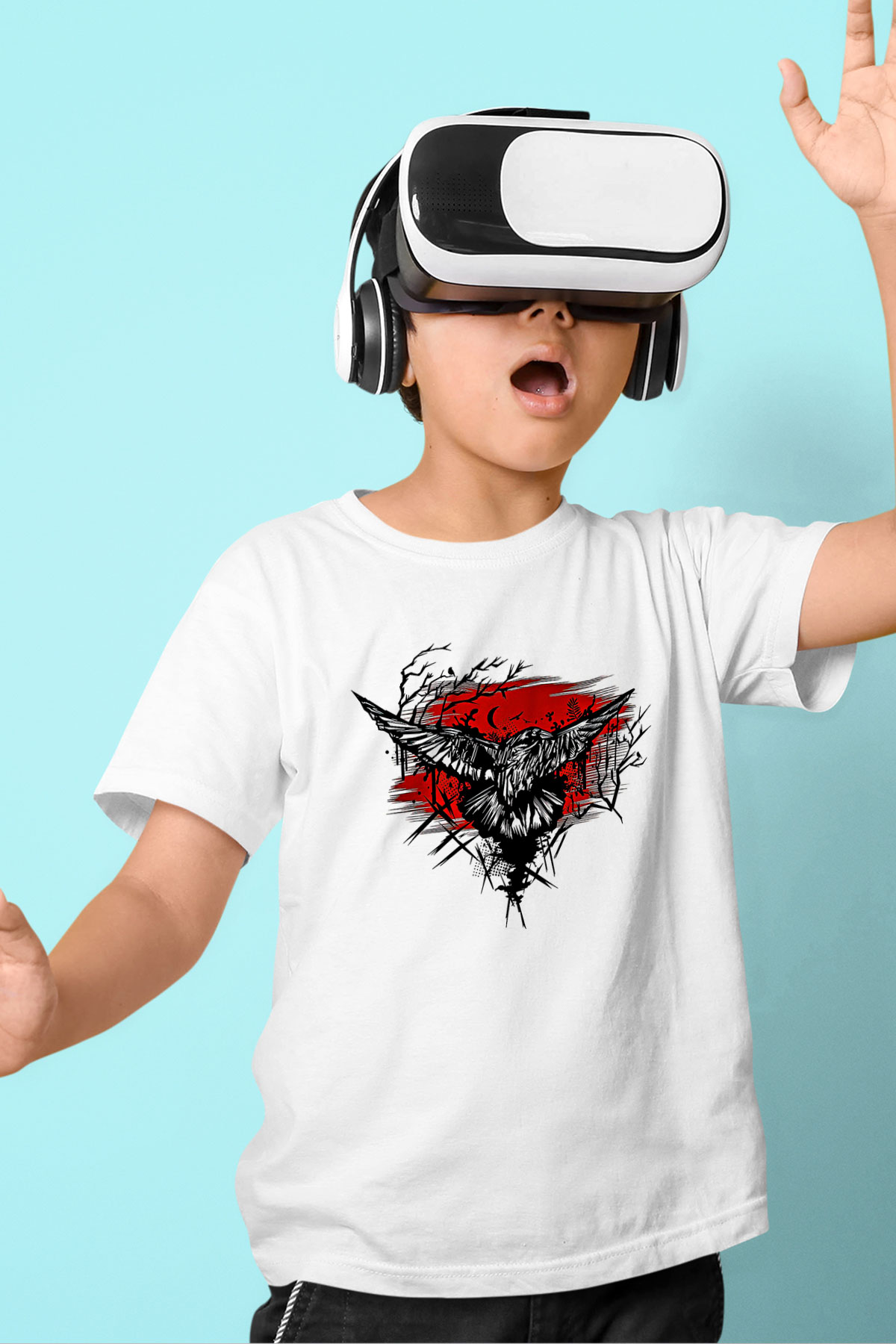Karga Baskılı Beyaz Unisex Beyaz Çocuk Tişört - Tshirt