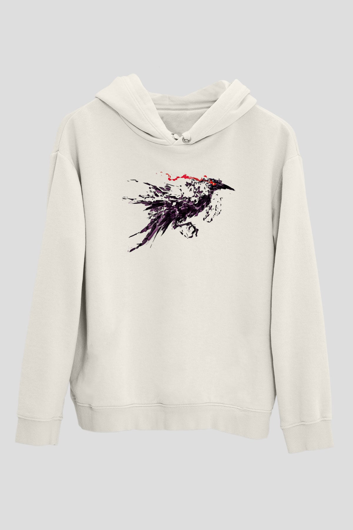 Karga Baskılı Beyaz Unisex Hoodie