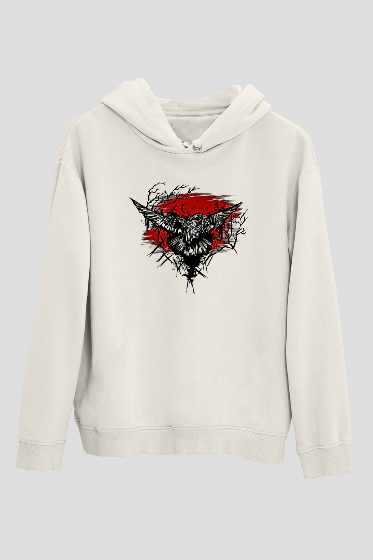 Karga Baskılı Beyaz Unisex Hoodie