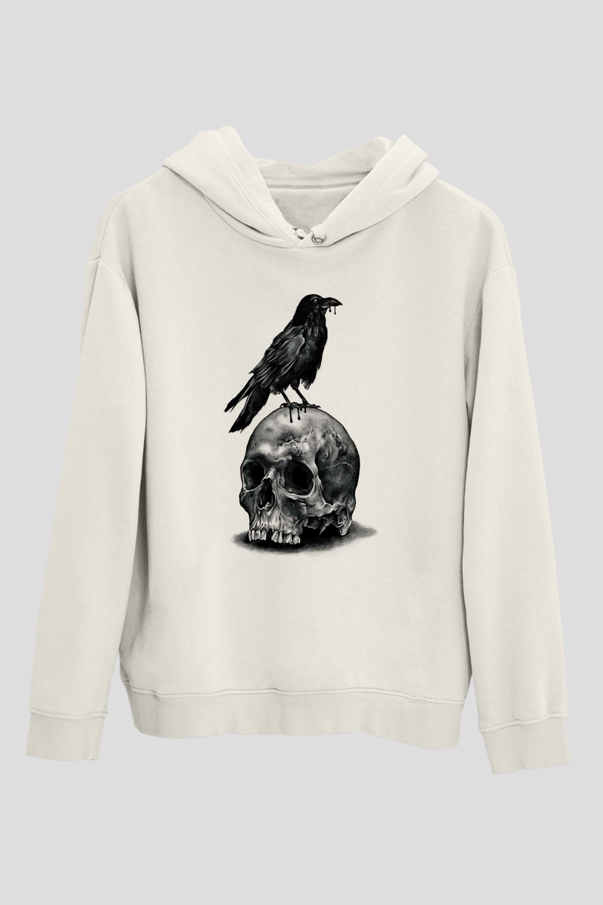 Karga Baskılı Beyaz Unisex Hoodie