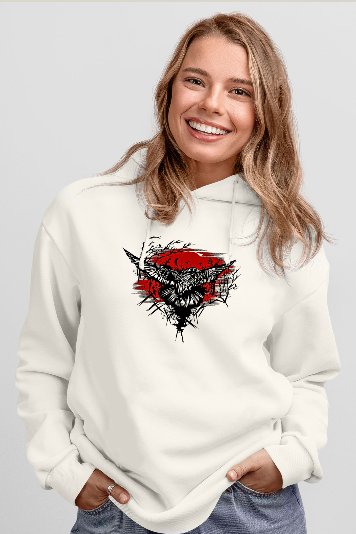 Karga Baskılı Beyaz Unisex Hoodie