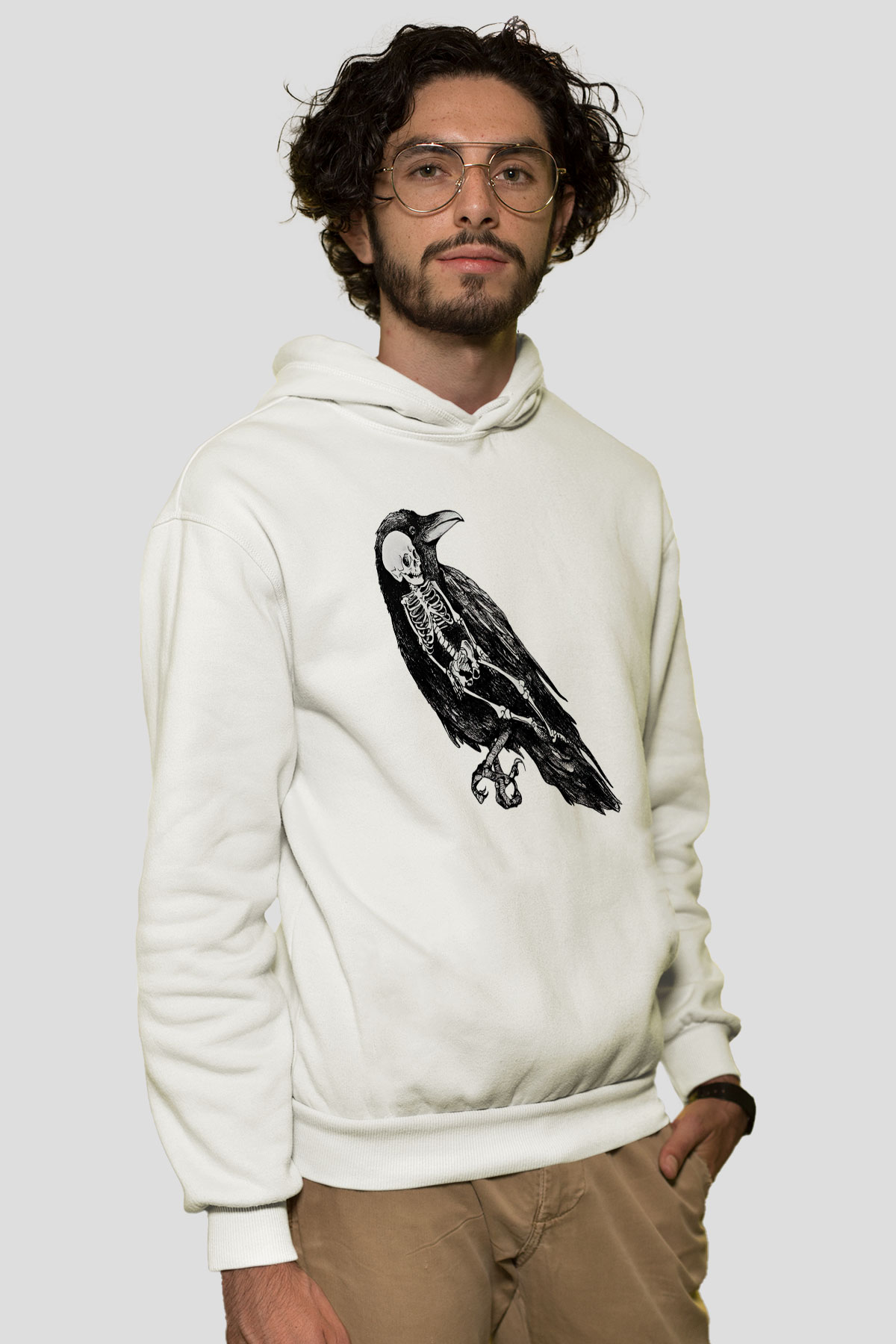 Karga Baskılı Beyaz Unisex Hoodie