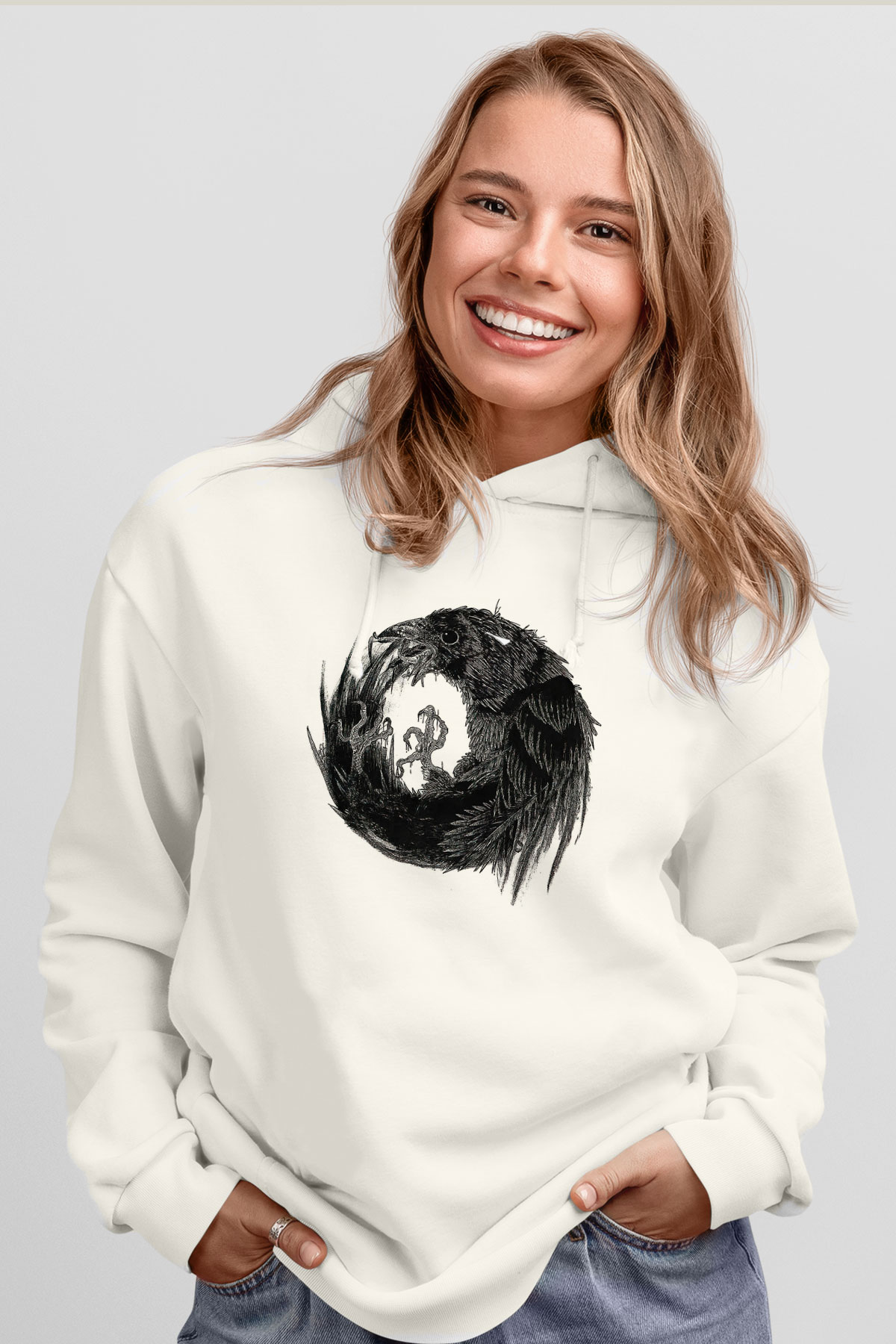 Karga Baskılı Beyaz Unisex Hoodie