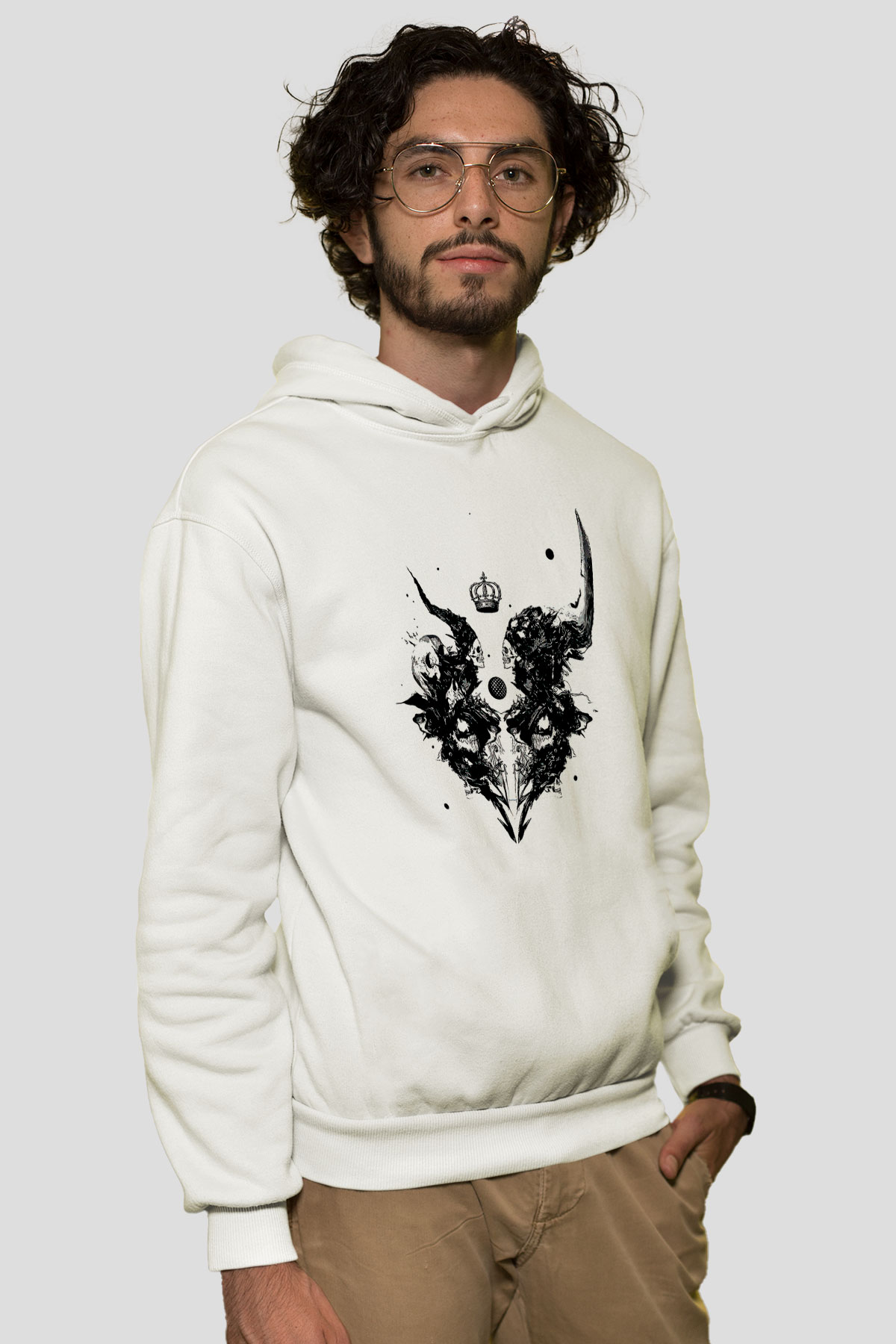 Karga Baskılı Beyaz Unisex Hoodie