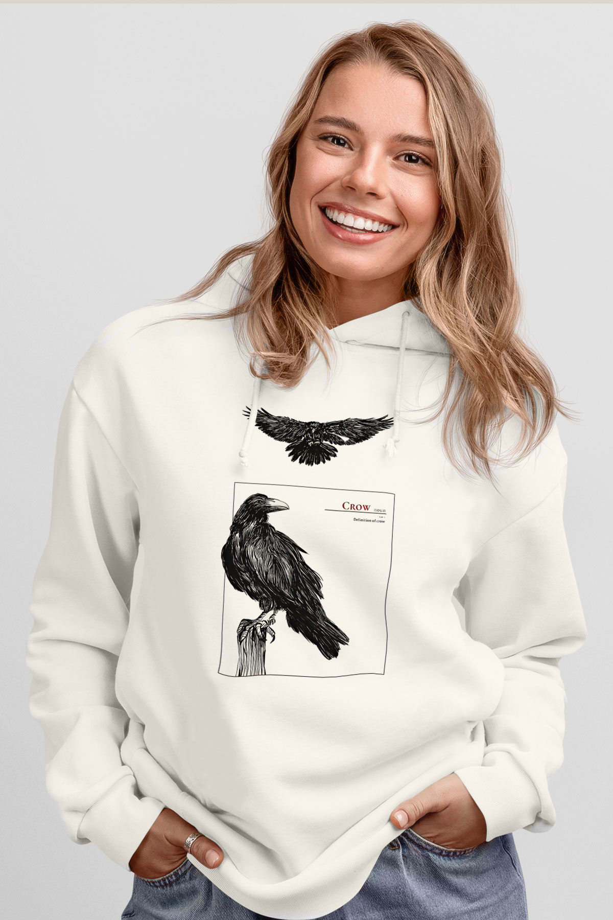 Karga Baskılı Beyaz Unisex Hoodie
