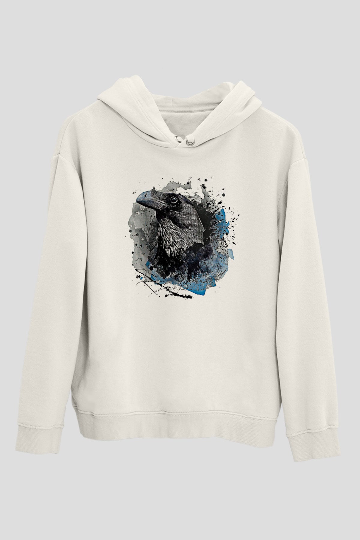 Karga Baskılı Beyaz Unisex Hoodie