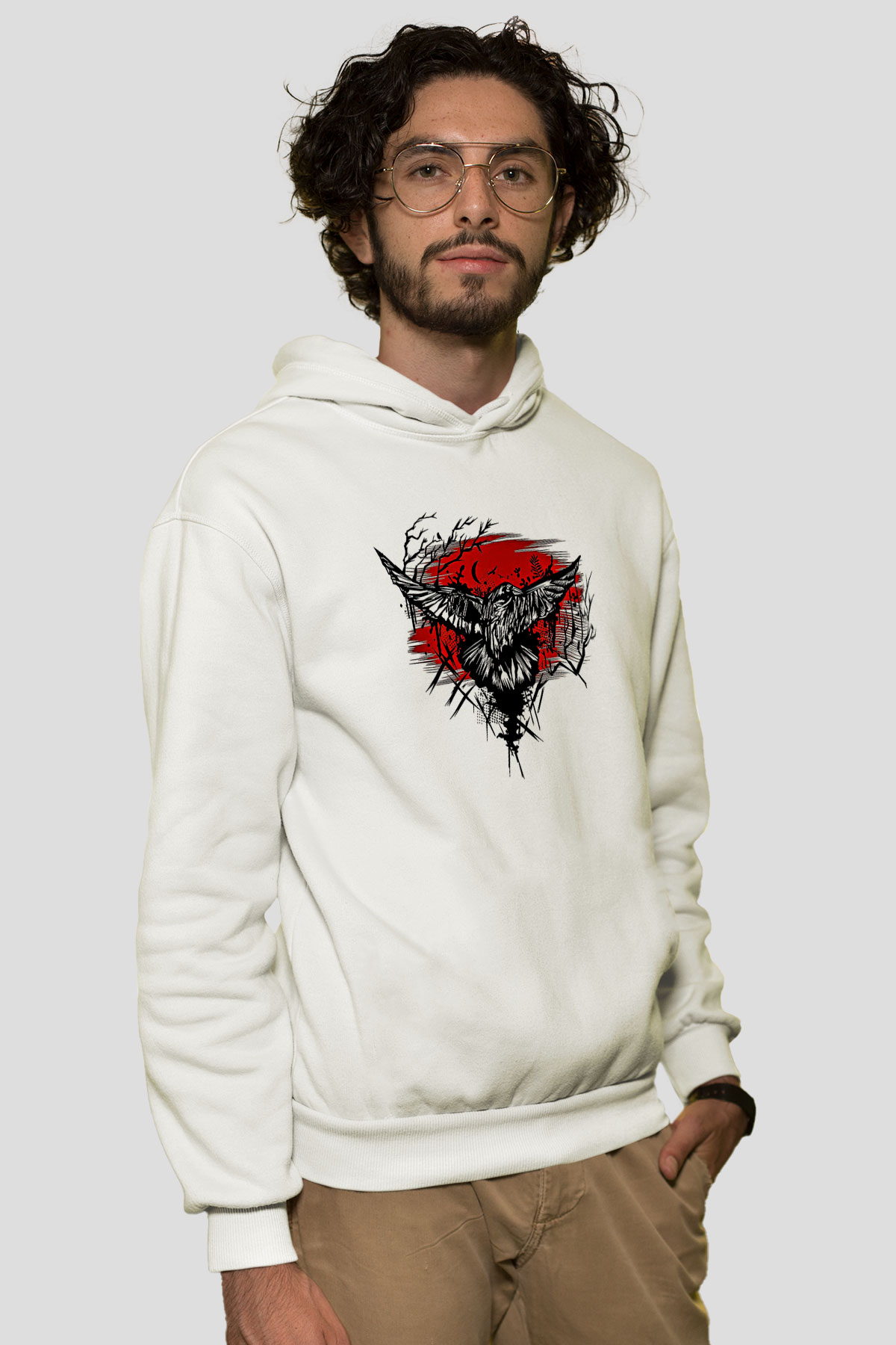 Karga Baskılı Beyaz Unisex Hoodie
