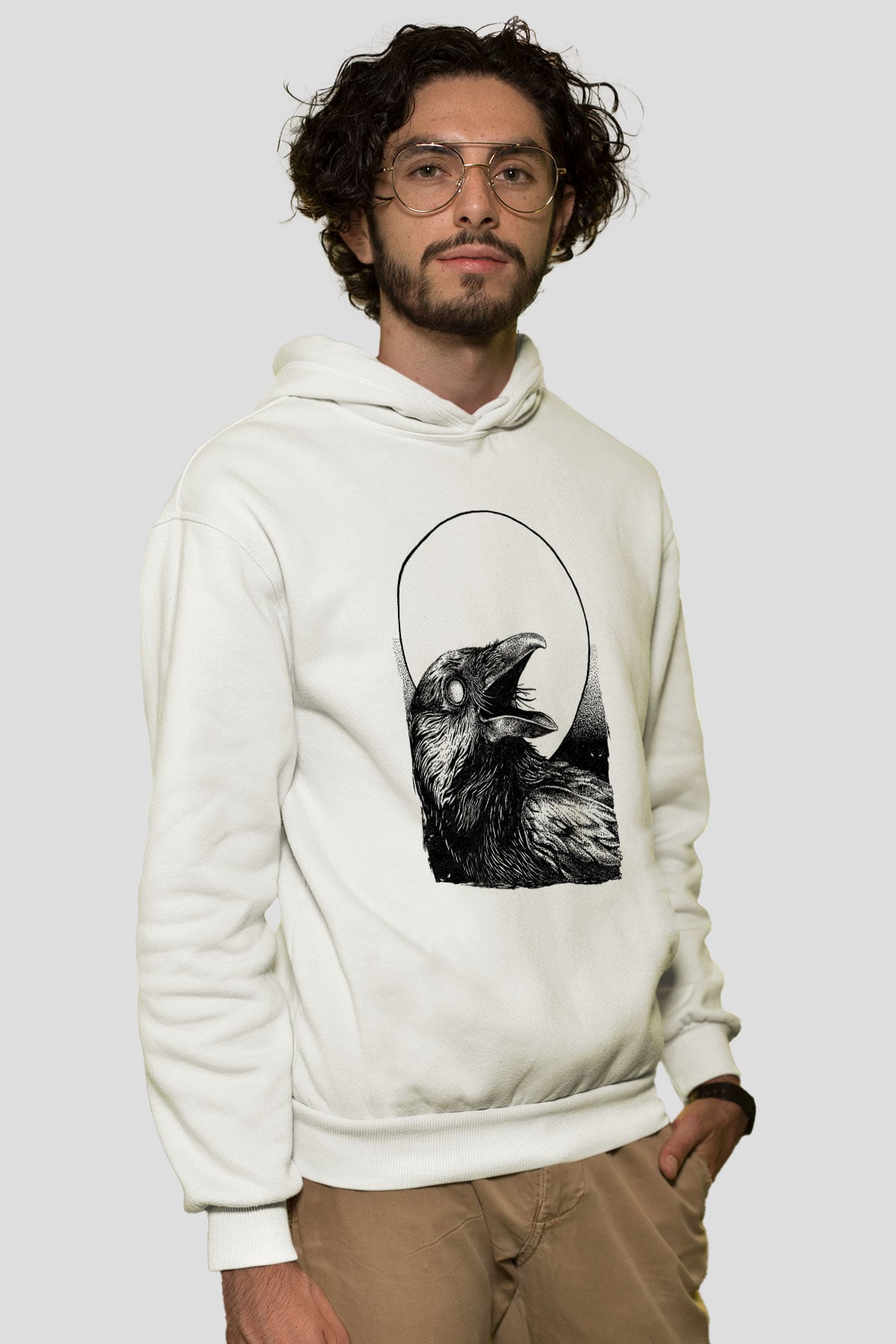 Karga Baskılı Beyaz Unisex Hoodie
