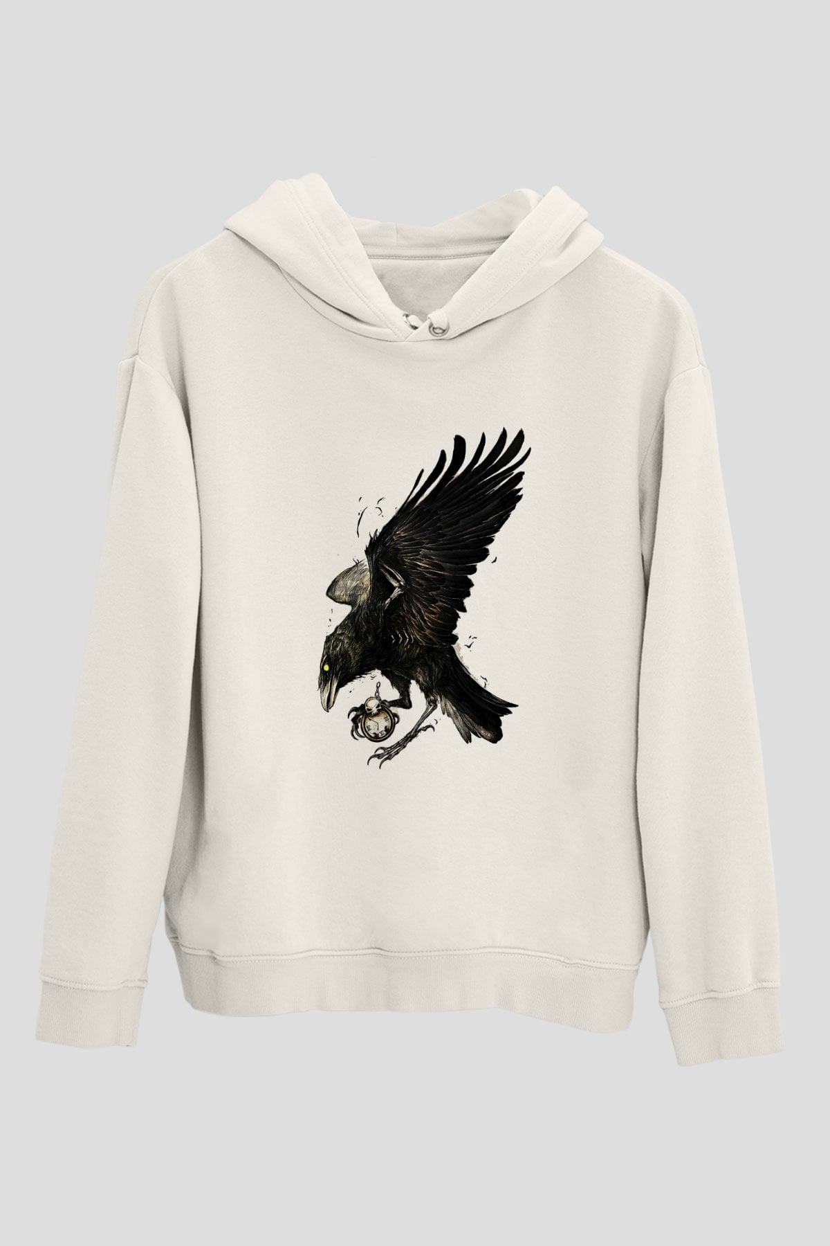 Karga Baskılı Beyaz Unisex Hoodie