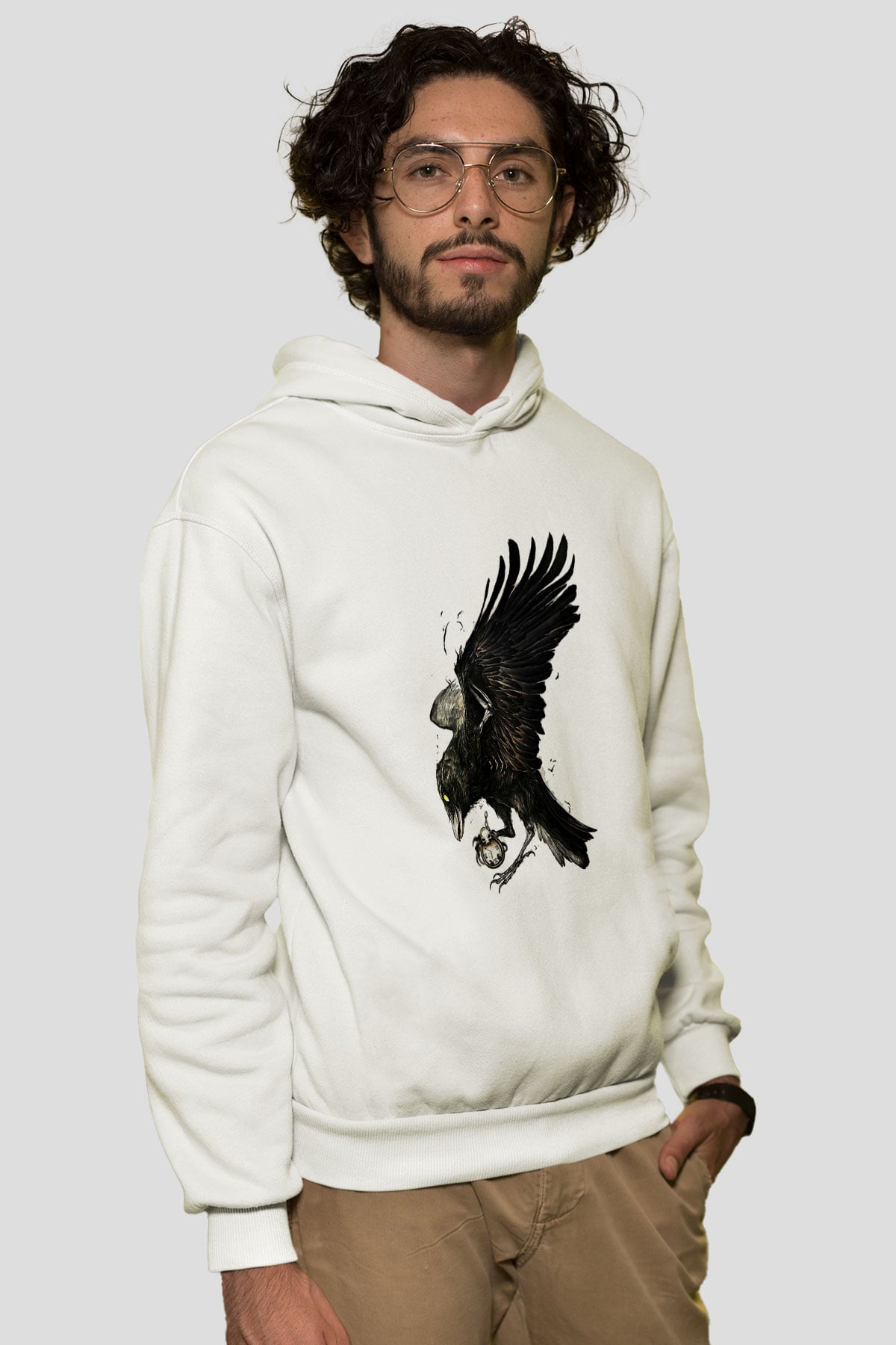 Karga Baskılı Beyaz Unisex Hoodie