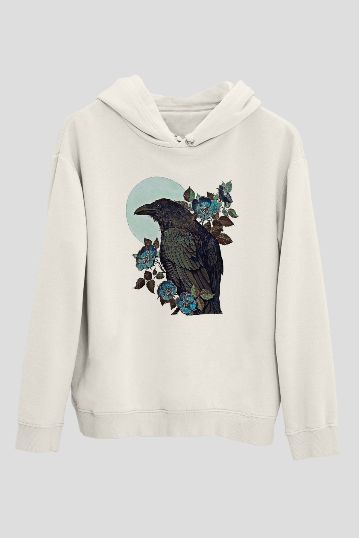 Karga Baskılı Beyaz Unisex Hoodie