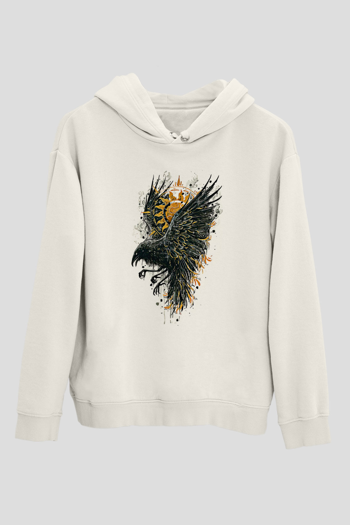 Karga Baskılı Beyaz Unisex Hoodie